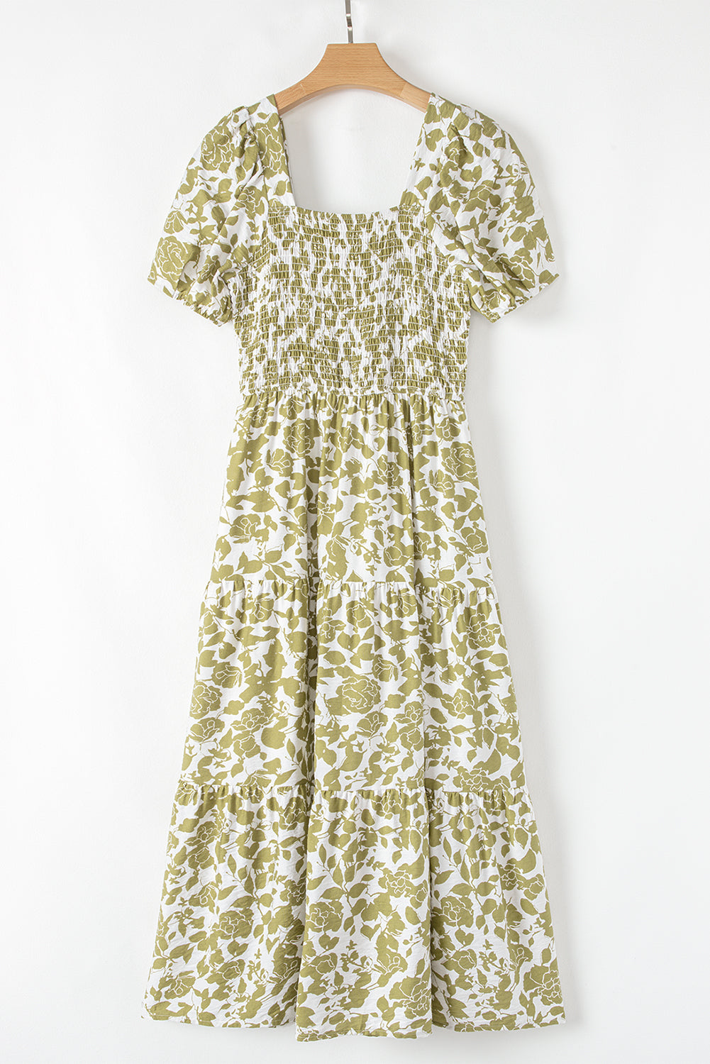 Floral Square Neck Smocked Bust Puff Sleeve Tiered Maxi Dress eAura