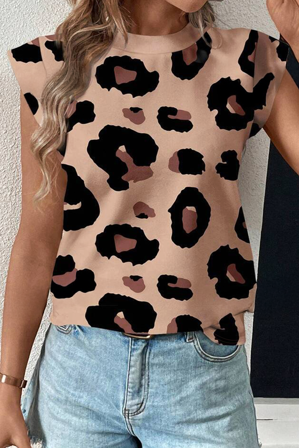 Khaki Leopard Crew Neck Cap Sleeve Casual Tee eAura