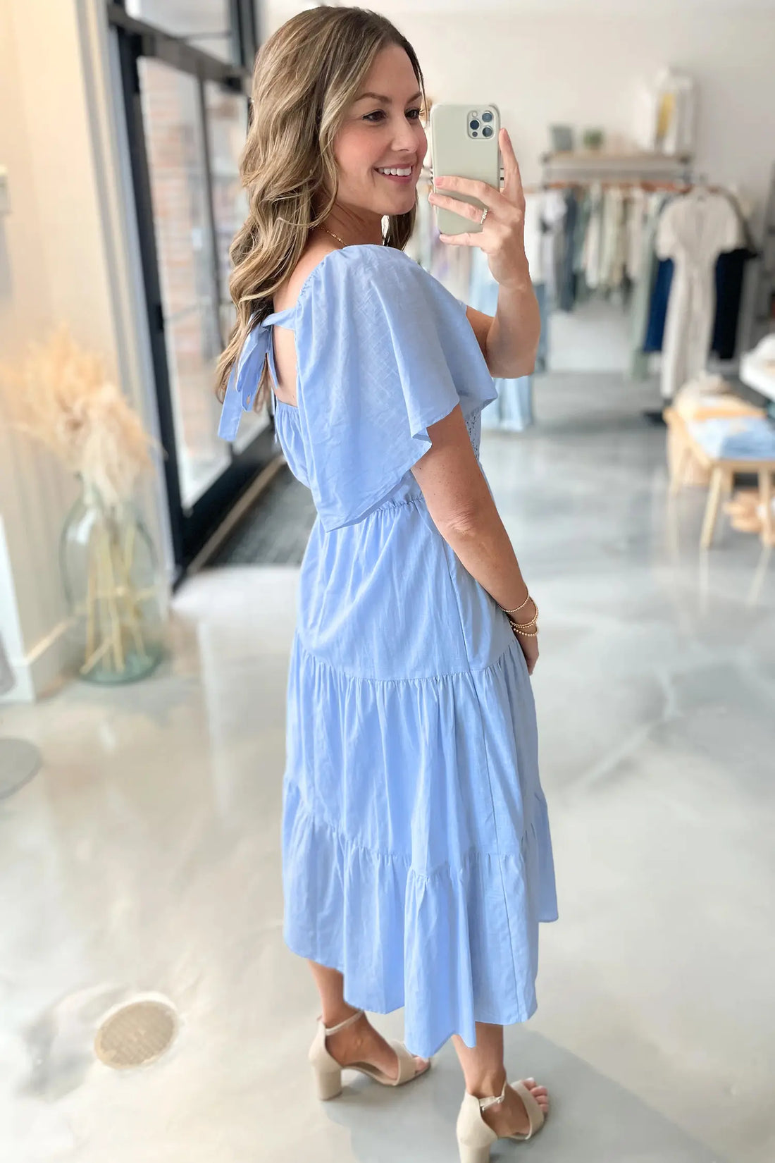 Flowy Short Sleeve Lace Detail Square Neck Tiered Midi Dress