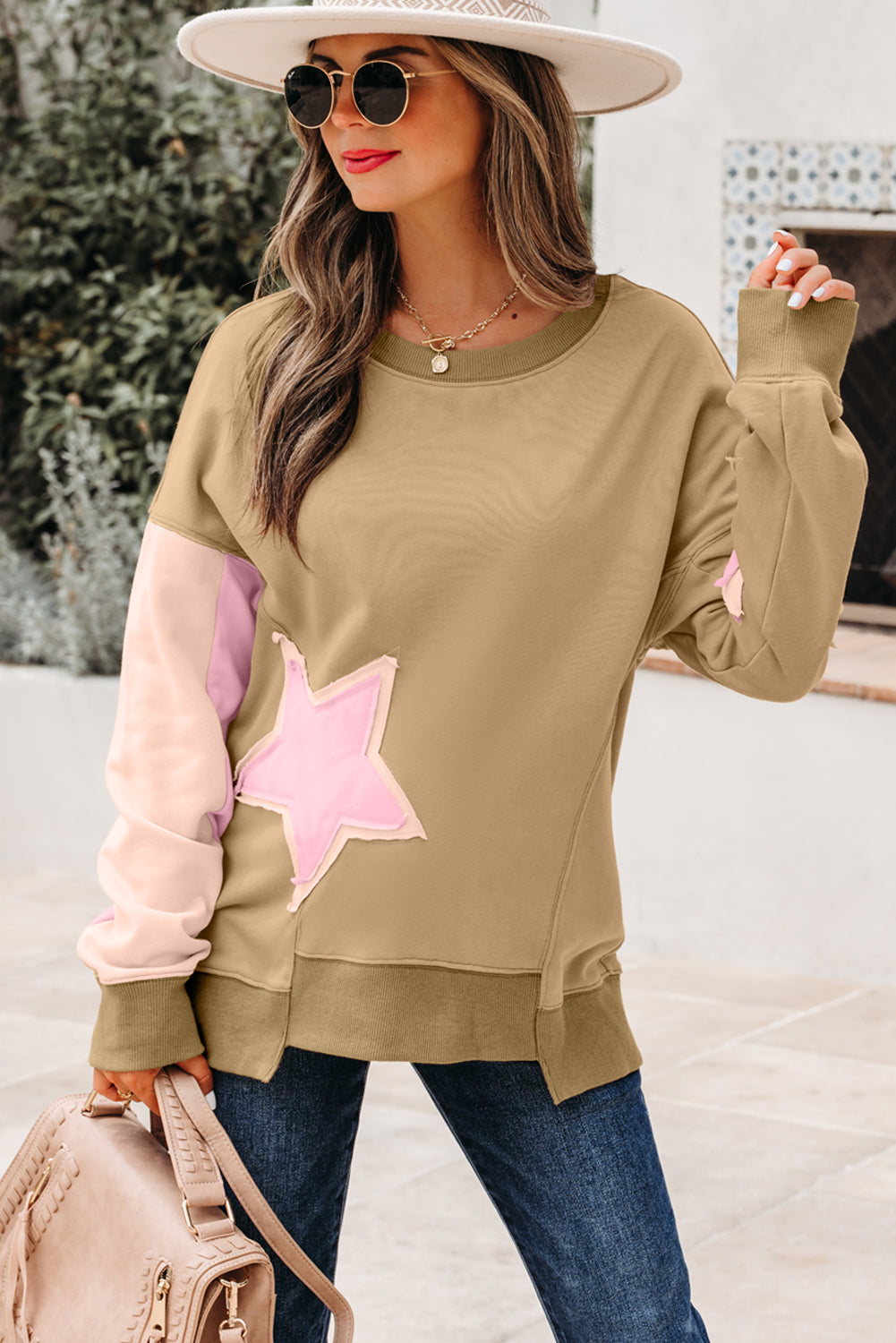 Contrast Star Patchwork Exposed Seam Uneven Hem Drop Shoulder Sweatshirt - eAura