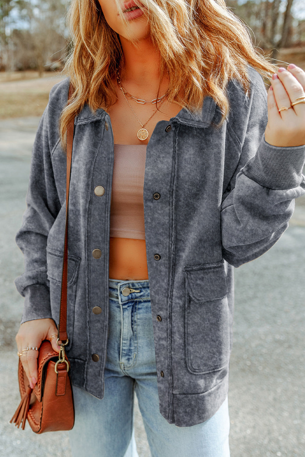 Grey Vintage Washed Flap Pocket Button Shacket eAura