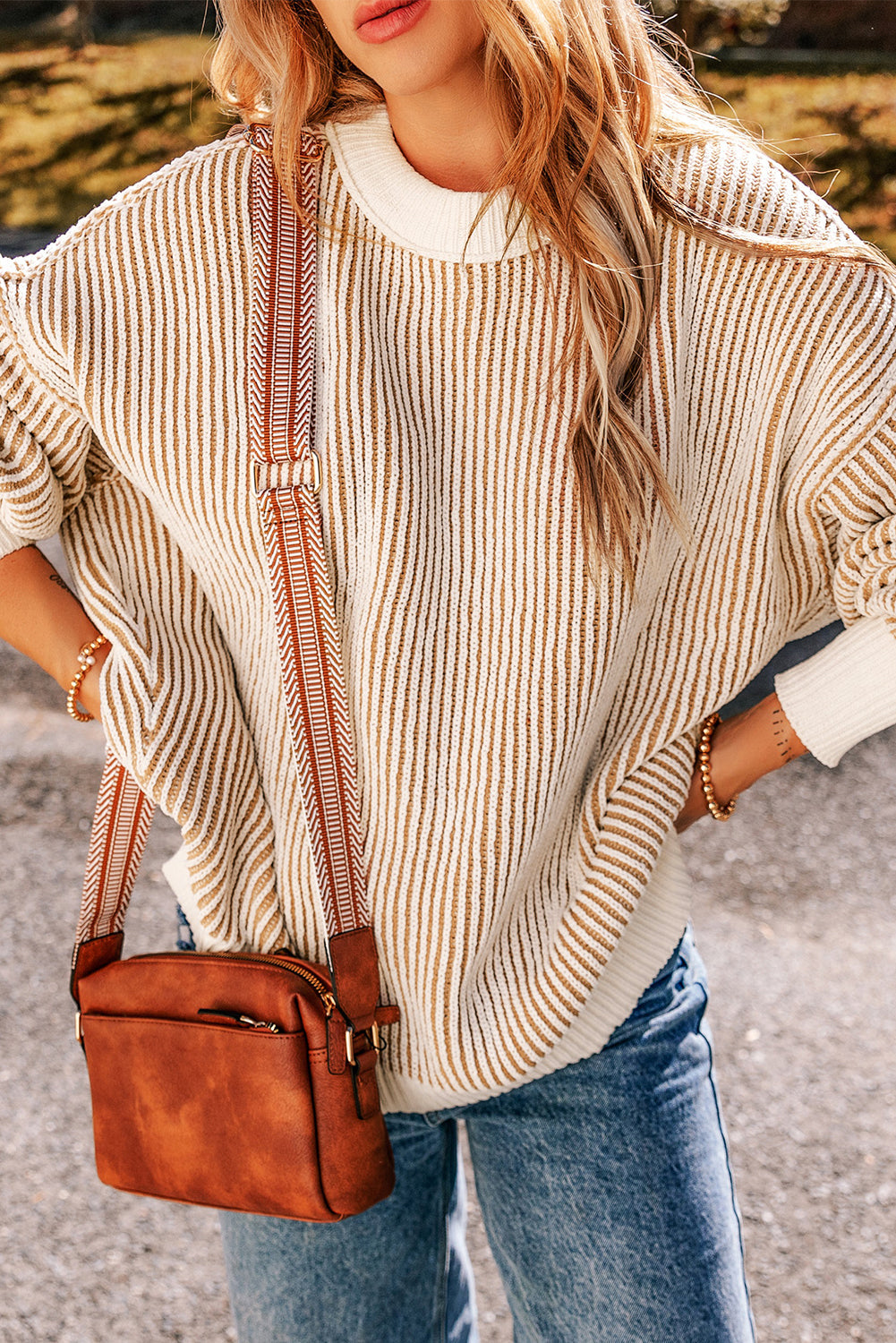 Bright Pink Striped Textured Knit Contrast Edge Loose Sweater eAura