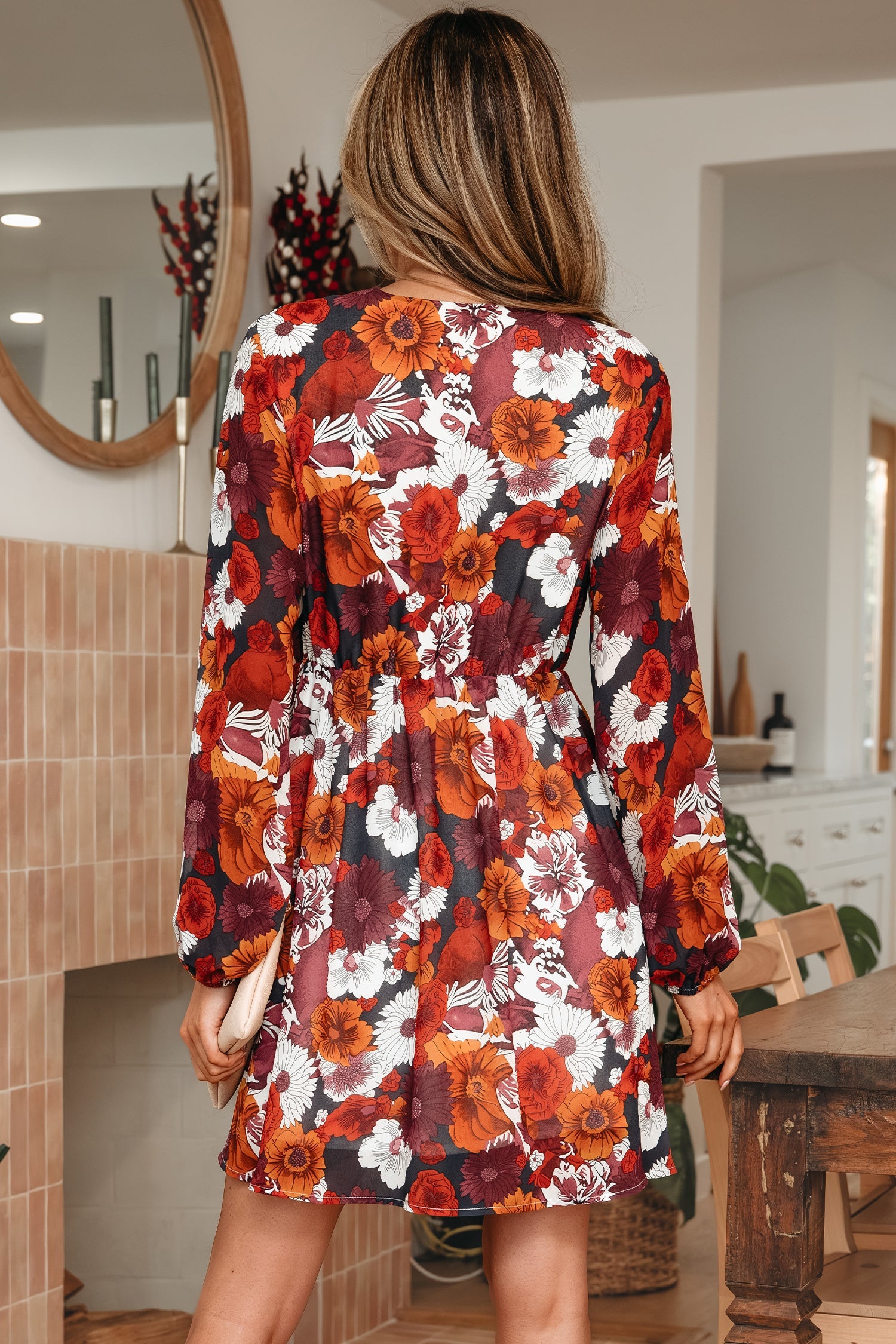 Floral Print Wrap V-Neck Puff Sleeve Flowy Mini Dress - Dresses/Floral Dresses