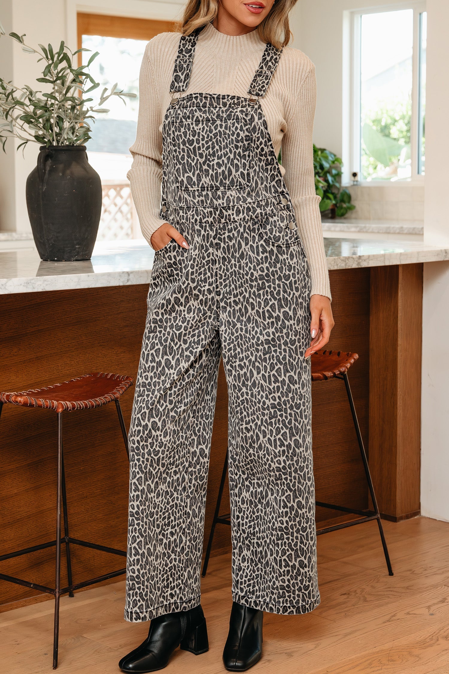 Leopard Print Straight Leg Loose Denim Jumpsuit Dungarees - Bottoms/Jumpsuits & Rompers