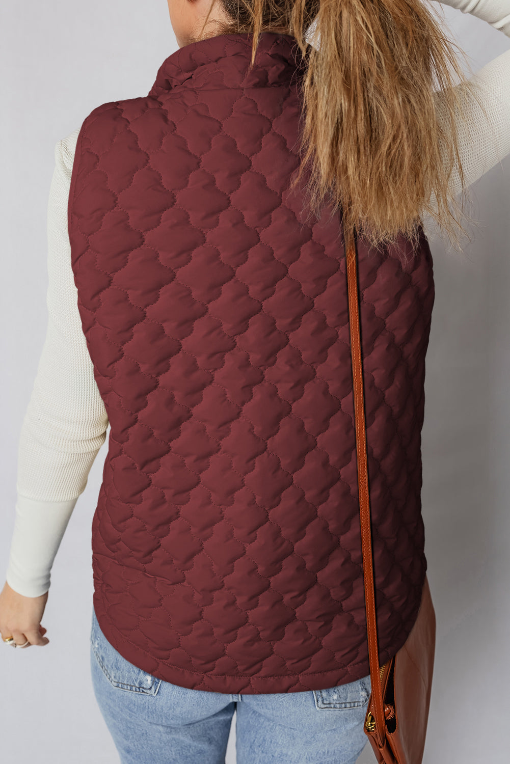 Flower Shape Quilted Snap Button Zip Up Winter Vest Vest - eAura