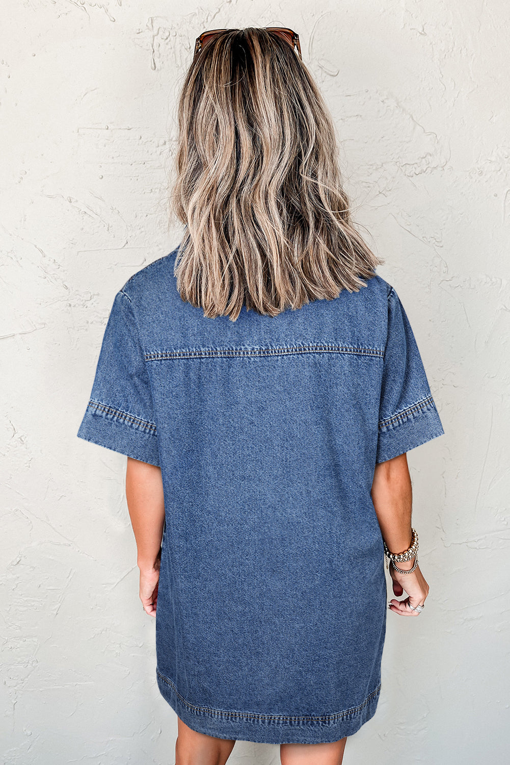 Blue Short Sleeve Collared Patched Pocket Denim Mini Dress eAura