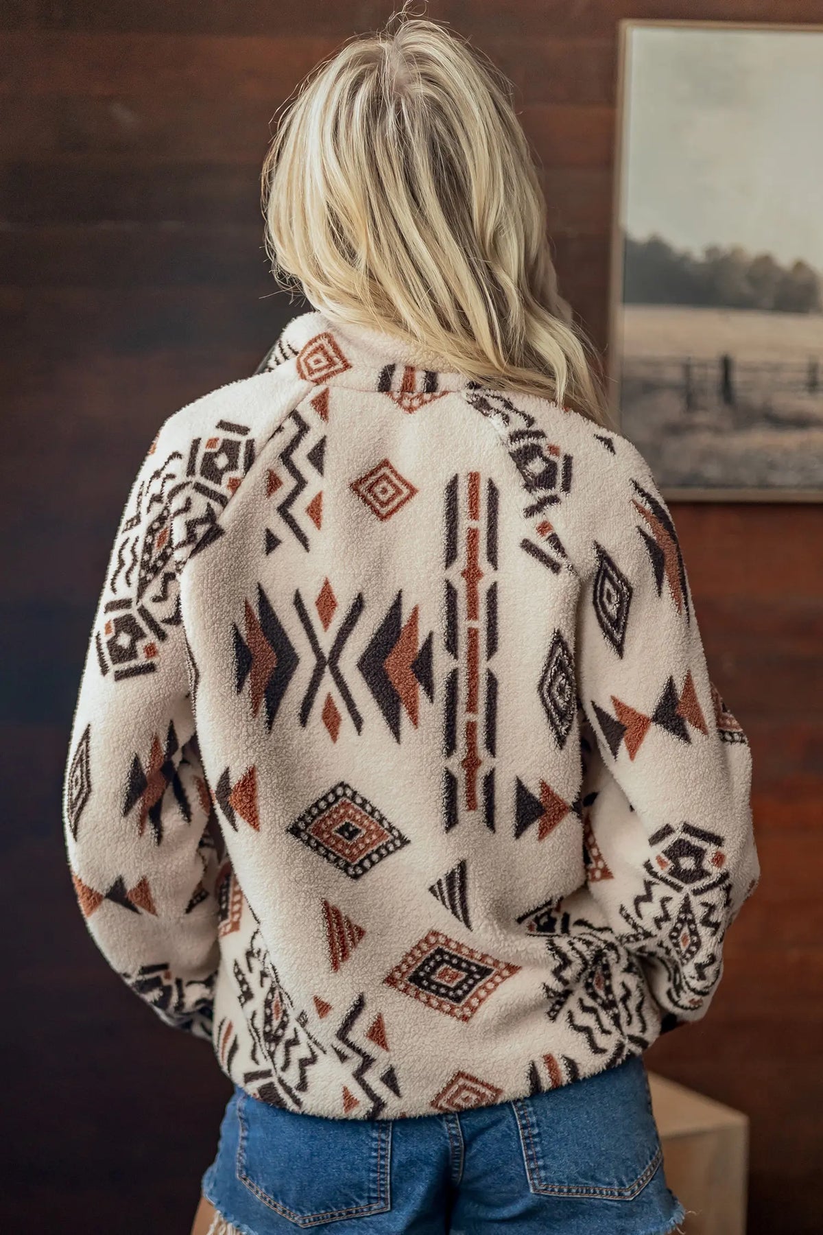 Geometric Print Long Sleeve Shirt Collar Zip-up Placket Binding Tape Jacket – Beige