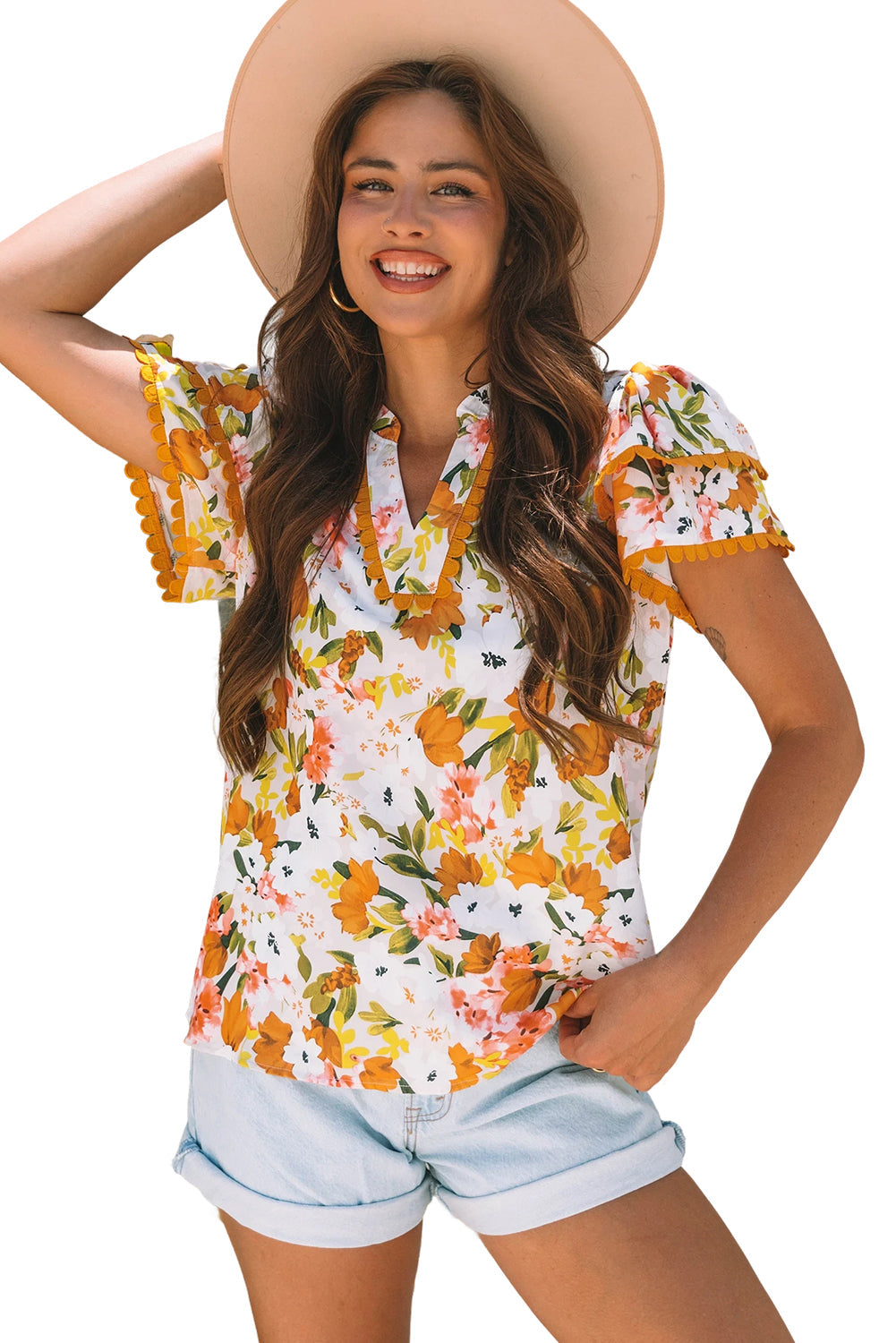 Russet Orange Ruffled V Neck Scalloped Short Sleeve Floral Blouse eAura