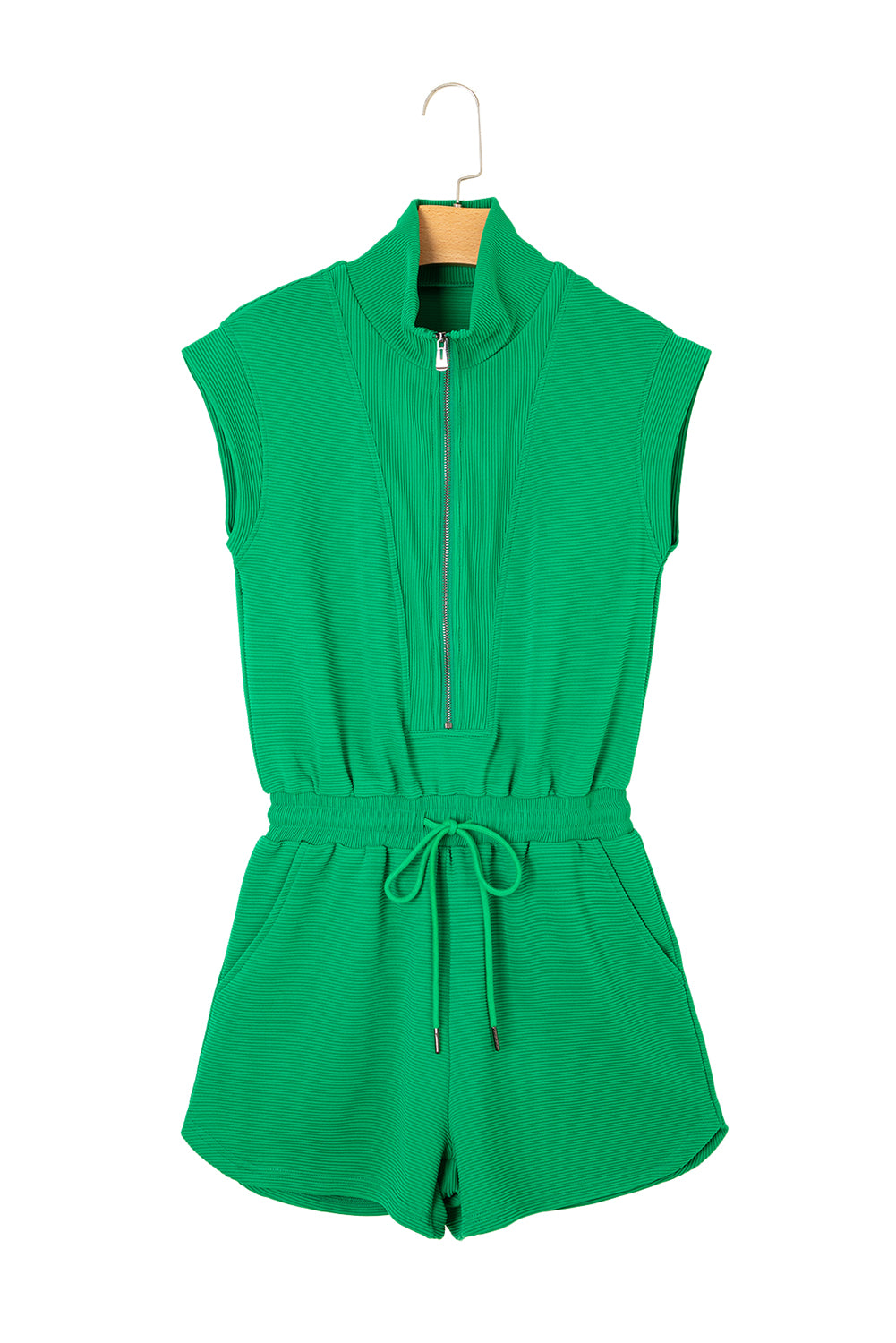 Bright Green Textured Short Sleeve Half Zip Drawstring Waist Romper eAura