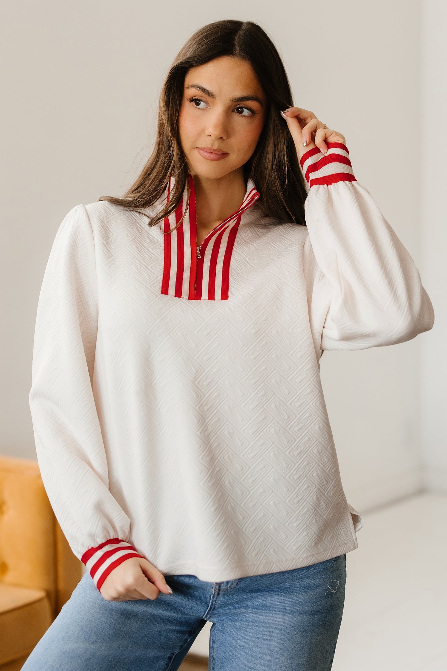 Textured Contrast Striped Accent Zip Collar Pullover Top - Tops/Long Sleeve Tops