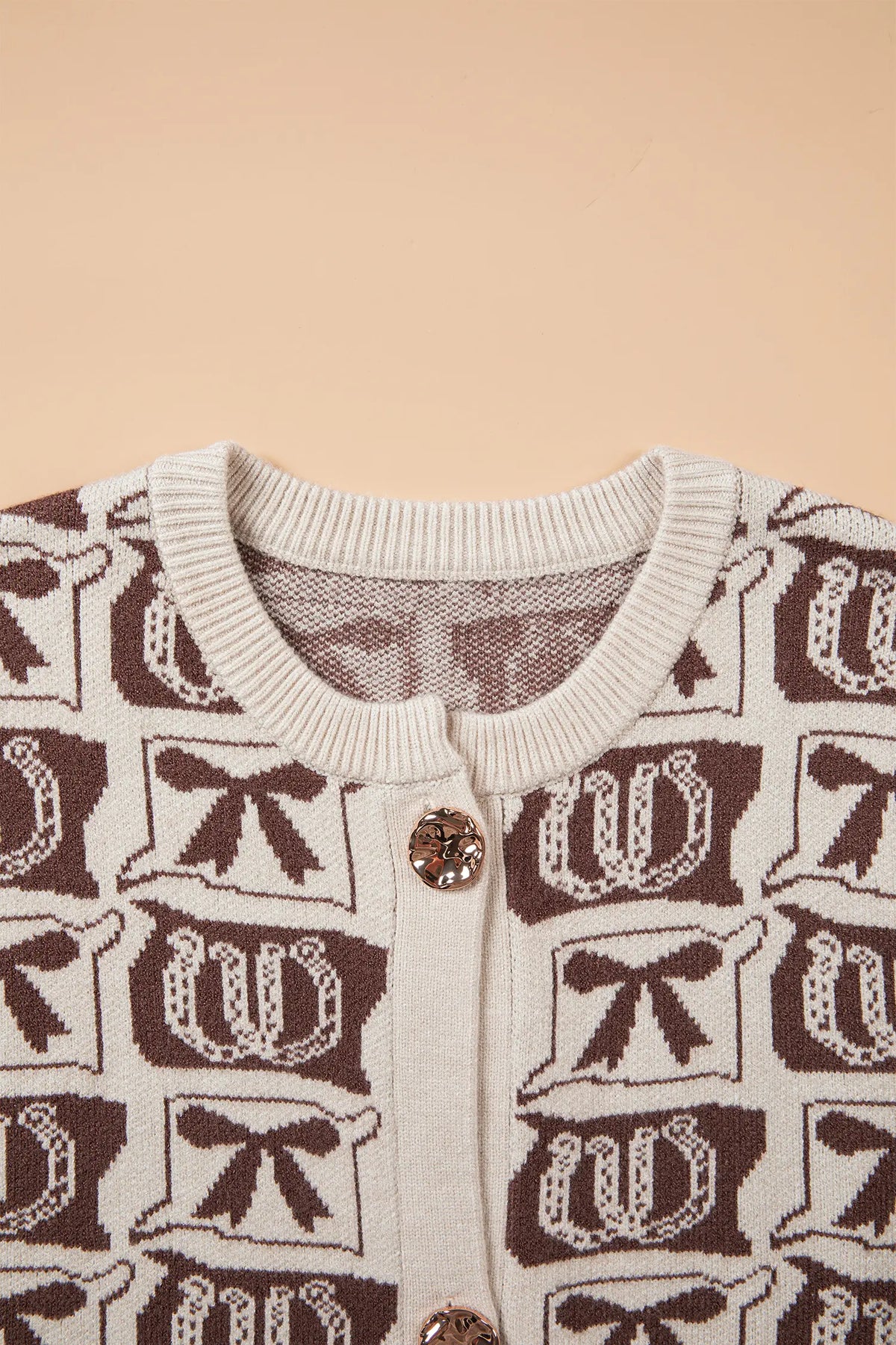 Western Horseshoe Bow Pattern Button Front Sleeveless Knit Sweater – Brown