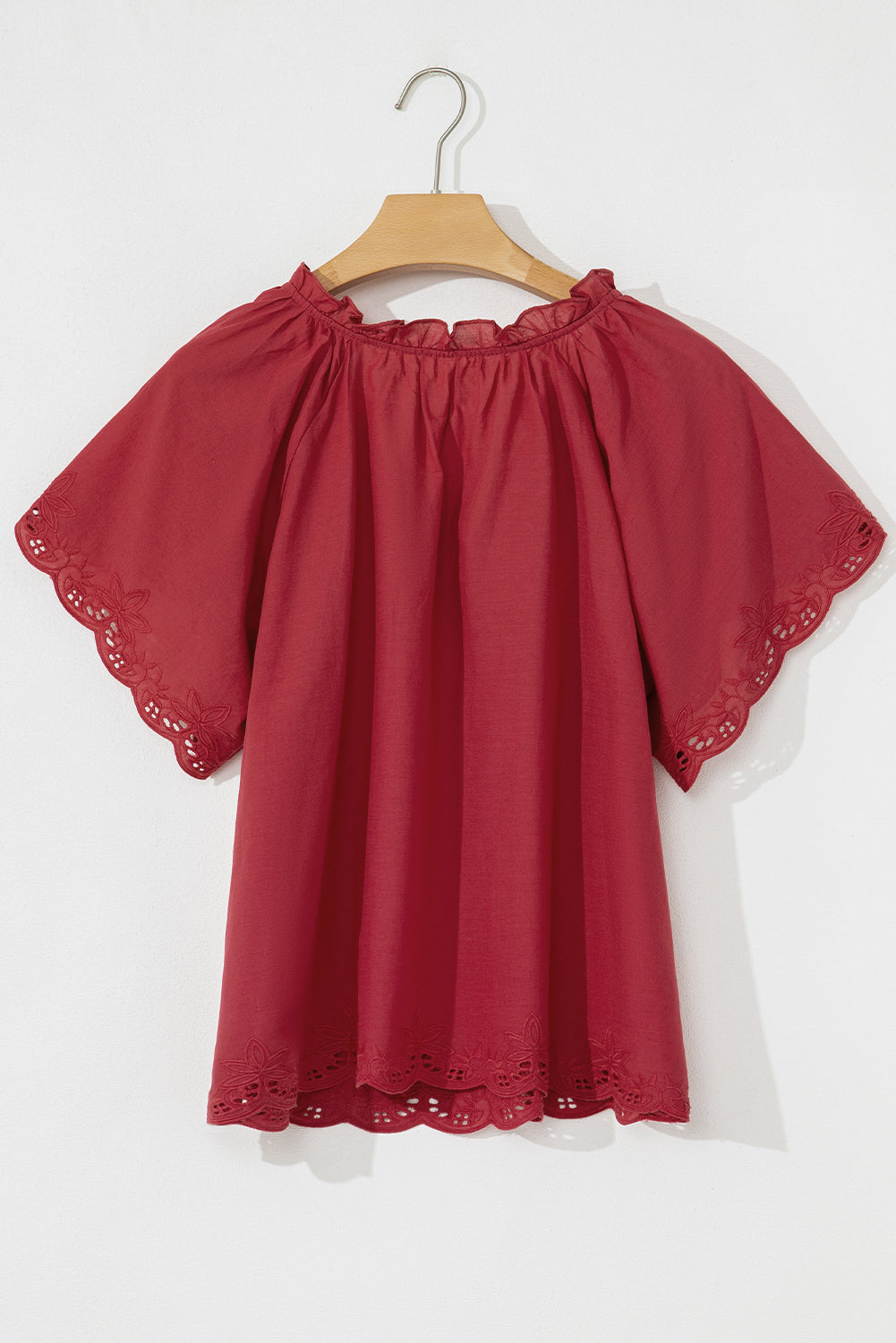 Red Dahlia Floral Embroidered Scallop Trim Short Sleeve V Neck Blouse eAura