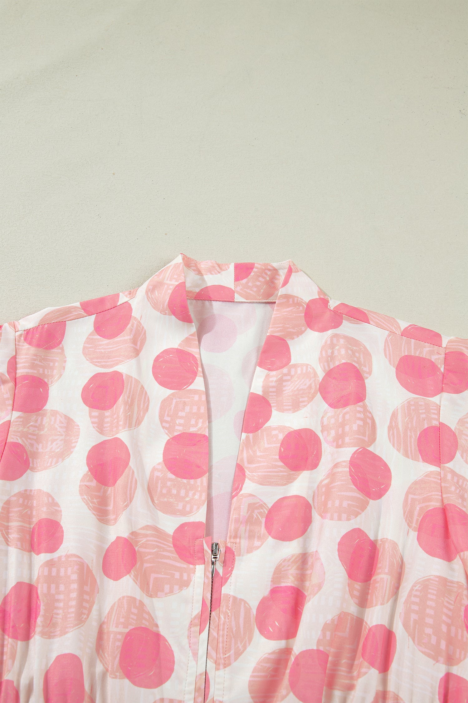 Pink Polka Dot Printed Ruffle Short Sleeve Zip Up Long Dress