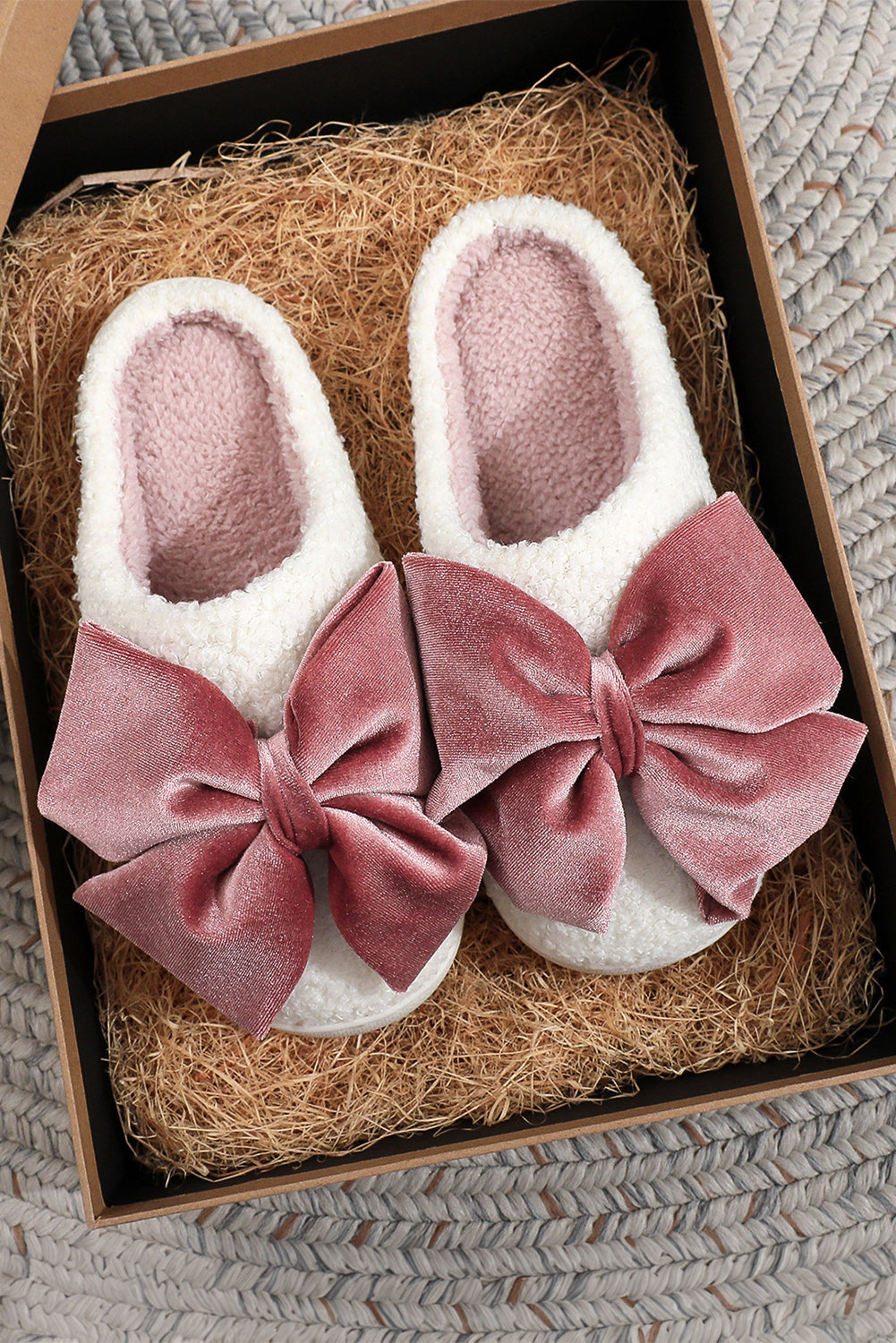 Ribbon Bow Decor Contrast Liner Plush Slippers - eAura