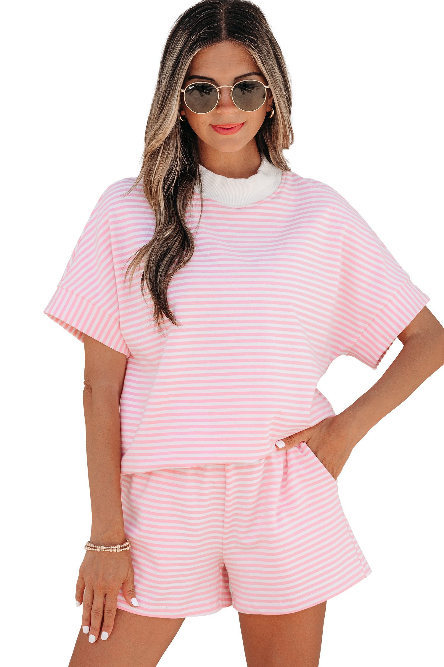 Stripe Cuffed Sleeve Contrast Mock Neck Tee Casual Co-ord Short Set