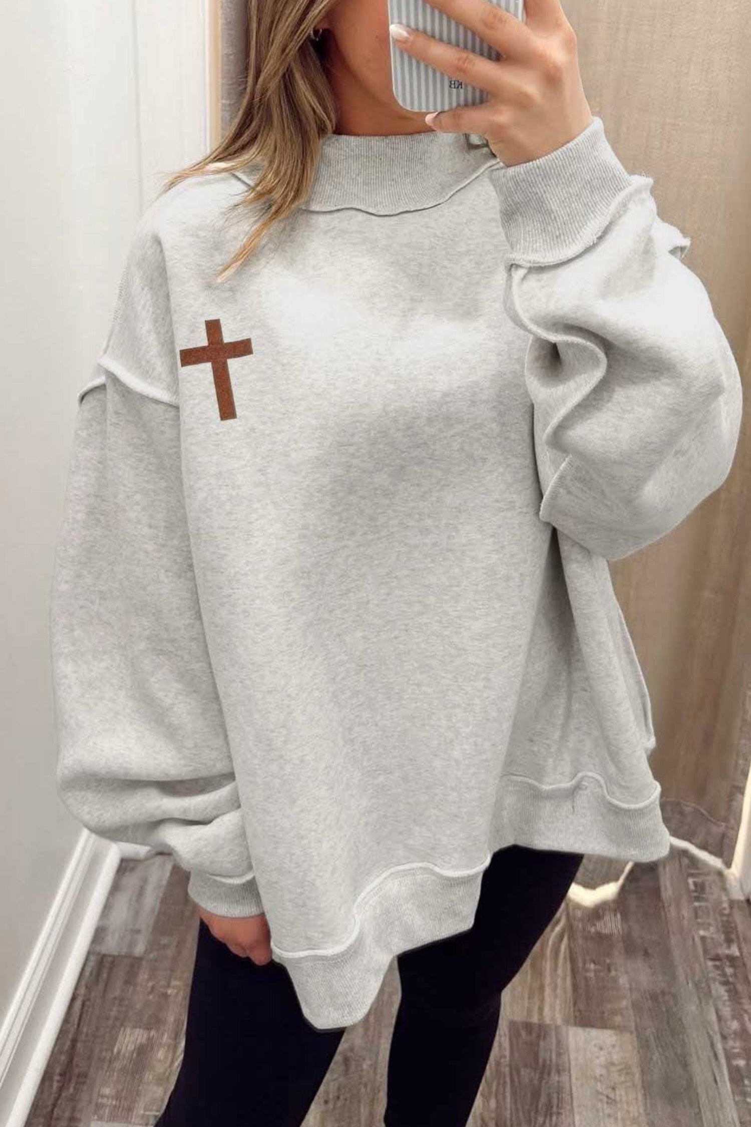 Reversible Christian Faith Print Mock Neck Pullover Sweatshirt – Light Grey