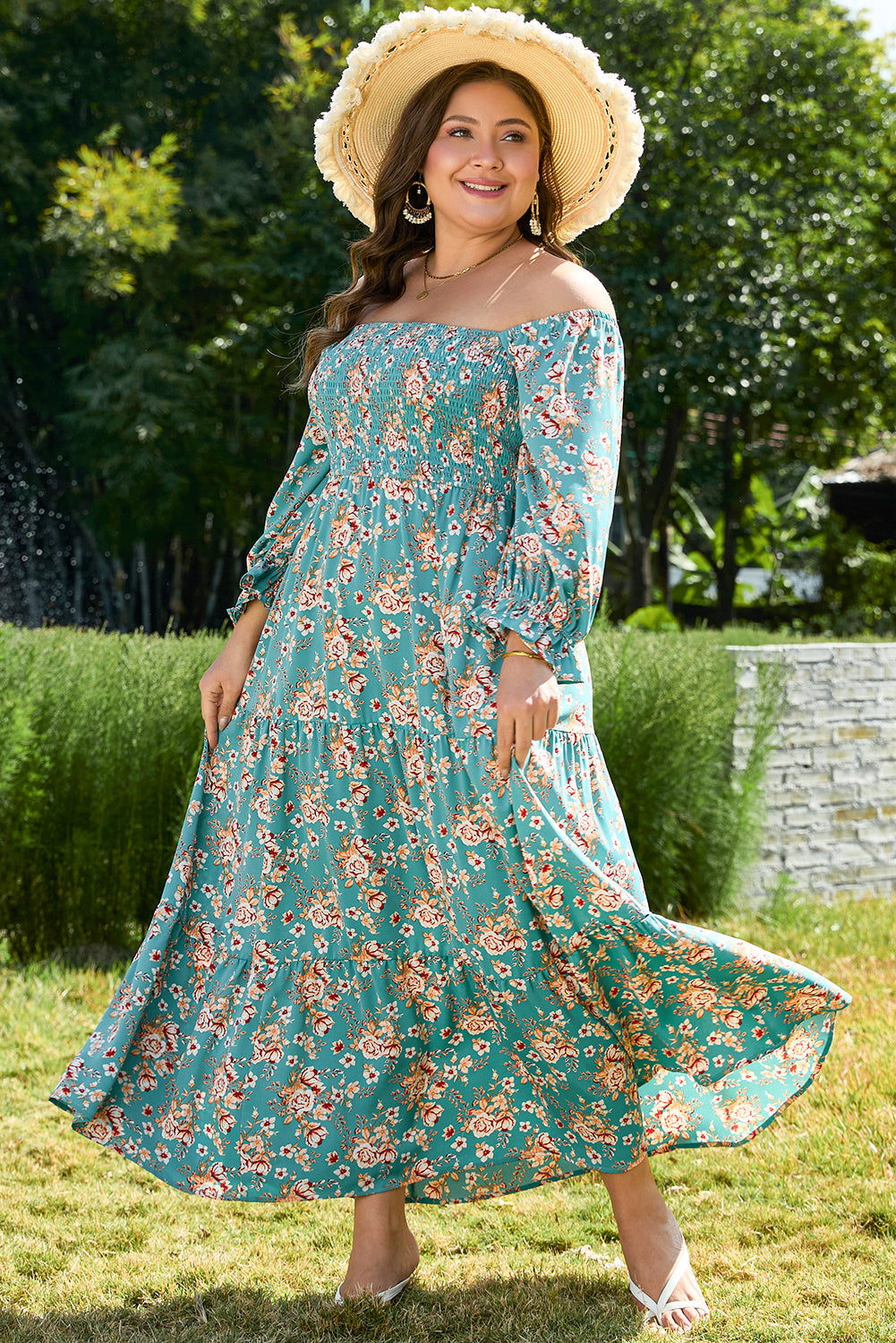 Green Plus Size Floral Print Square Neck Smocked Maxi Dress BB Fashion Outlet