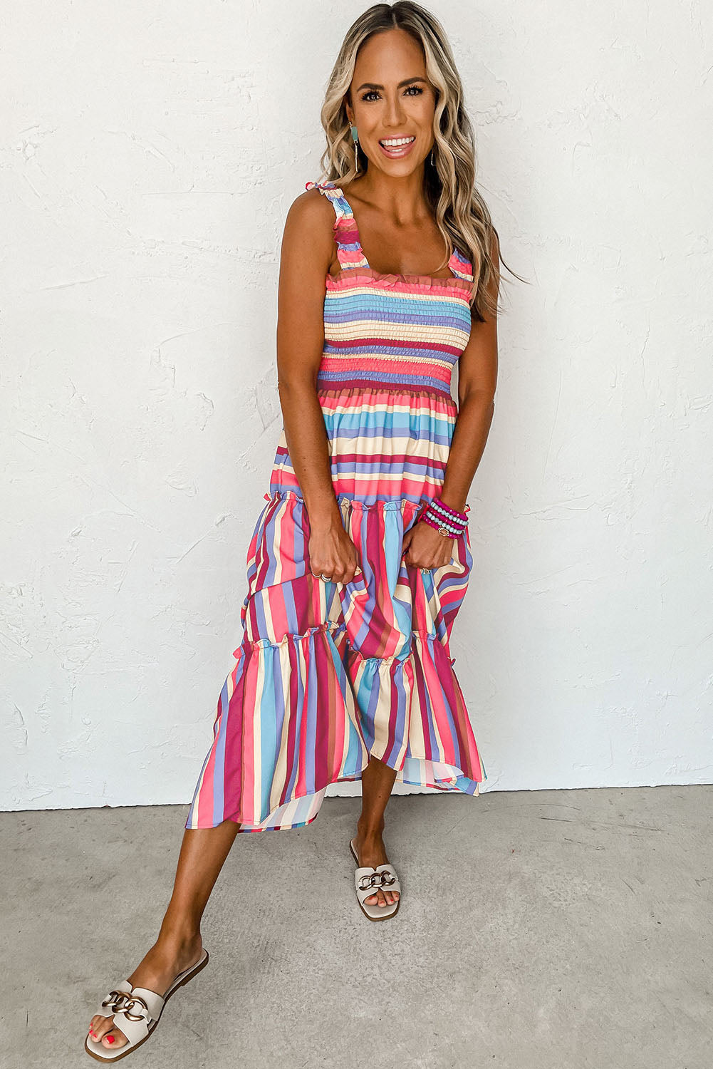 Red Stripe Ruffled Straps Smocked Tiered Long Dress eAura