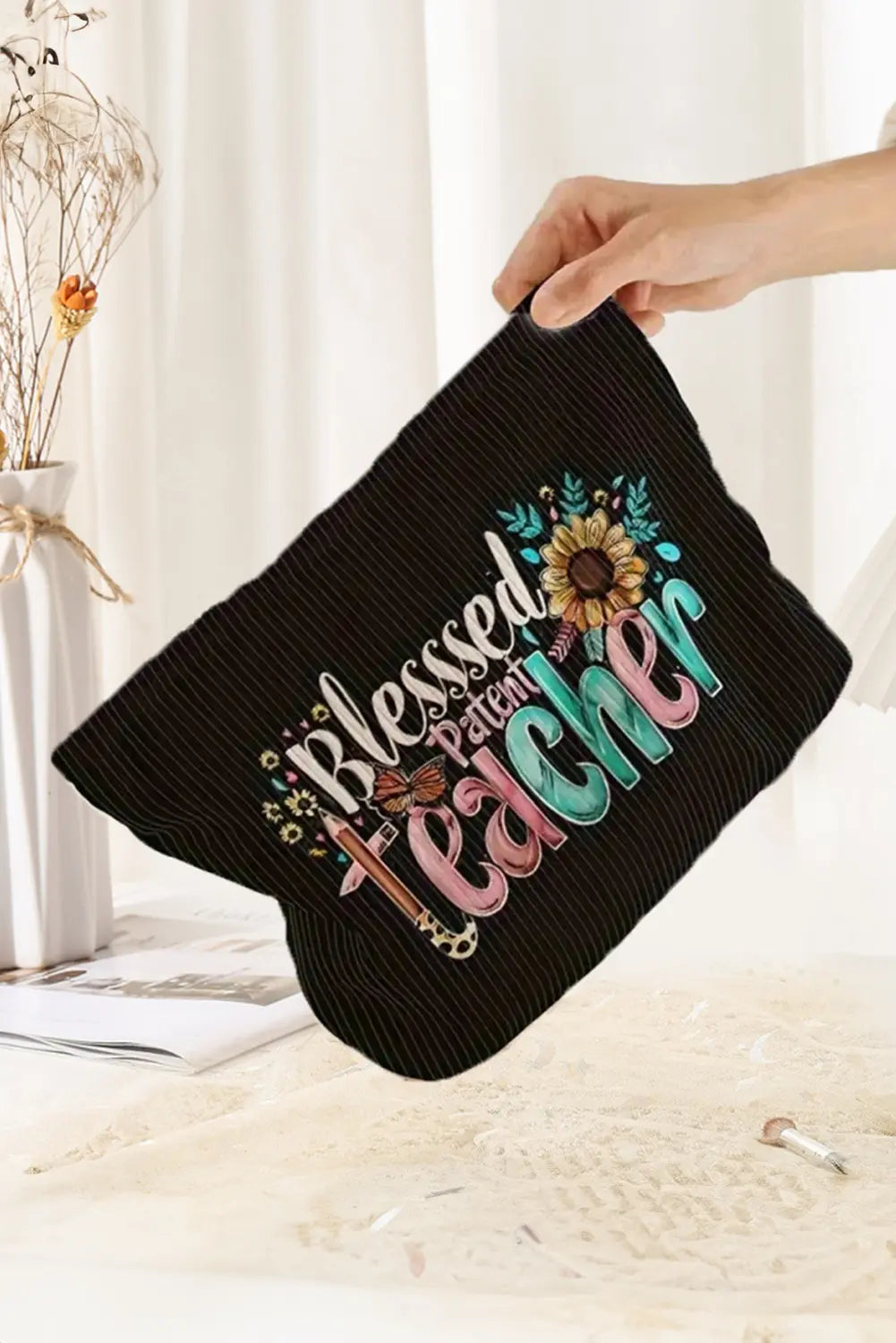 Blessed Teacher Flower Pencil Print Ribbed Storage Bag