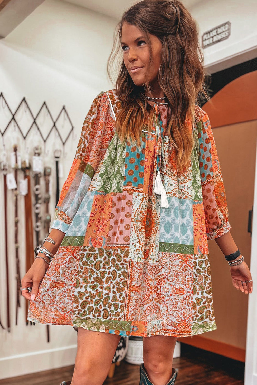 Orange Boho Paisley Mixed Print 3/4 Sleeve Chiffon Loose Dress eAura