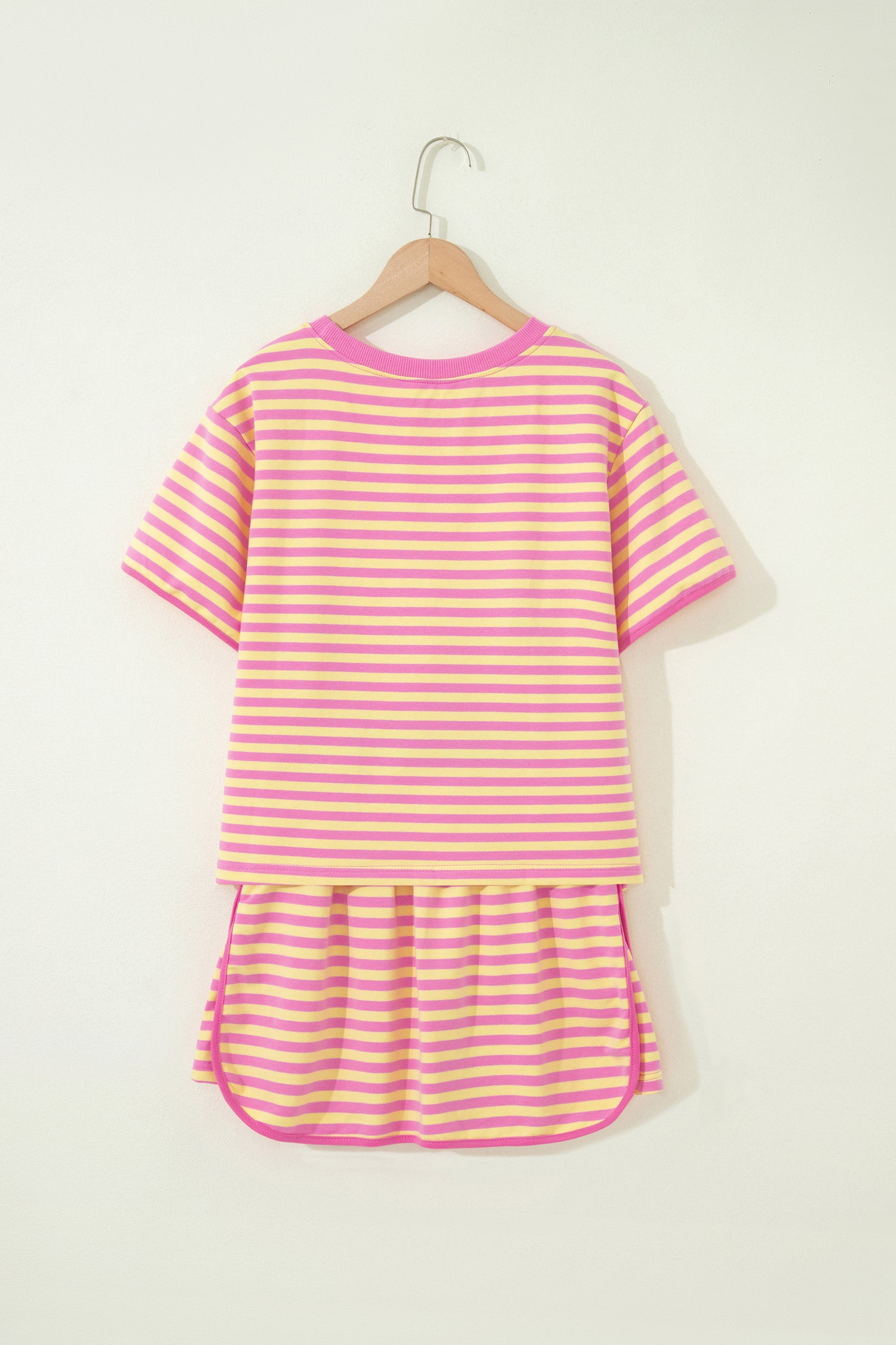 Relaxed Short Sleeve Top Elastic Waist Drawstring Skort 2pcs Set – Pink Stripe