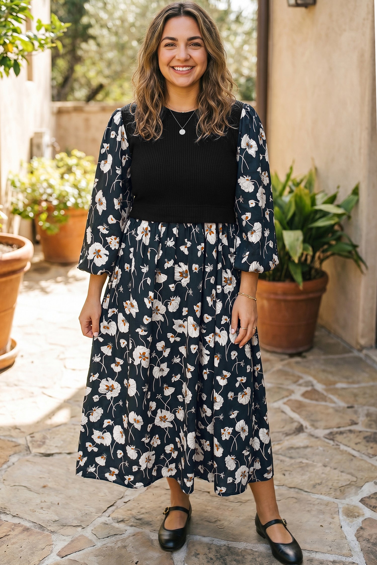 Floral Print Long Sleeve Round Neck Shift Plus Size Dress – Black