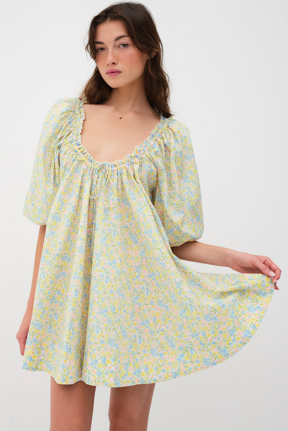 Green Floral Half Sleeve Frilled U Neck A-line Short Dress eAura