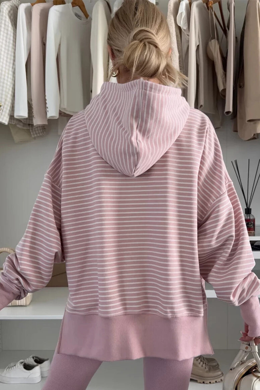 Stripe Thumbhole Side Slits Drop Shoulder Loose Fit Hoodie - eAura