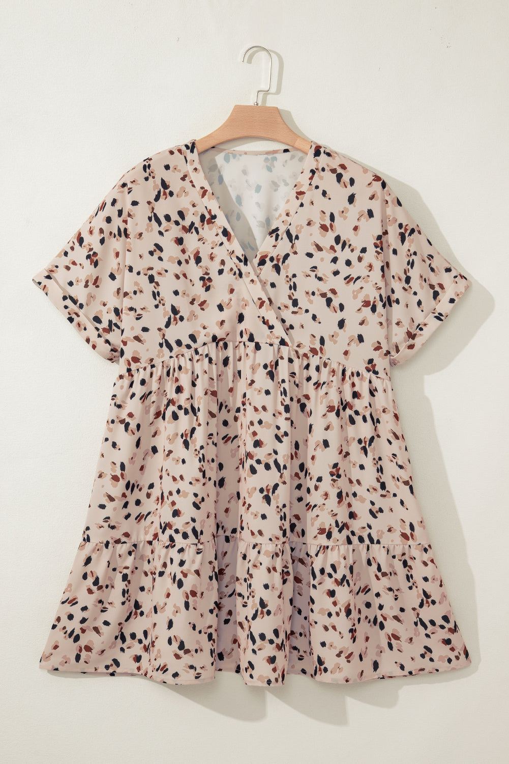 Beige Printed Surplice V Neck Cuffed Sleeve Empire Waist Plus Size Dress BB Fashion Outlet
