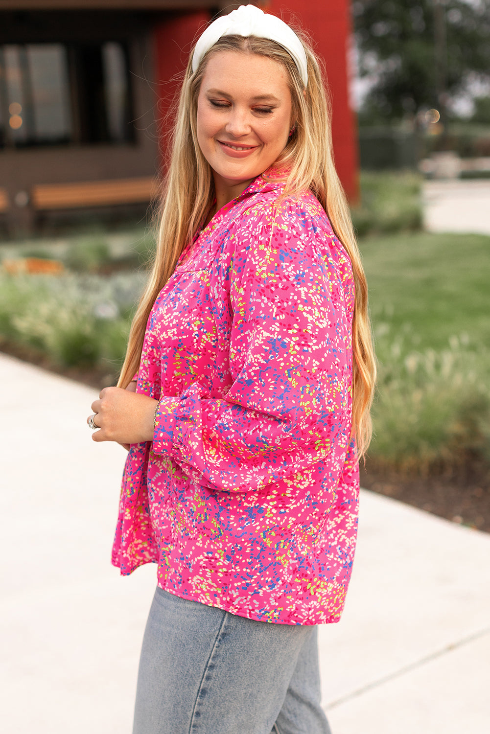 Purple Plus Size Floral Print Puff Sleeve V Neck Blouse BB Fashion Outlet