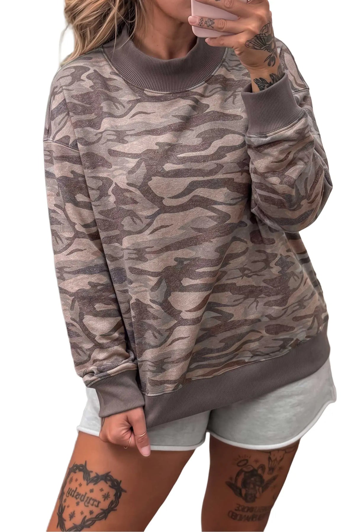 Multicolour Camouflage Print Mock Neck Casual Pullover Sweatshirt