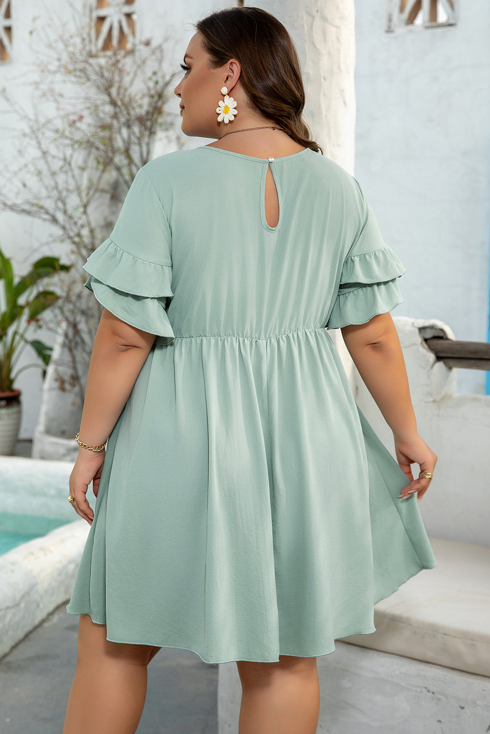 Grass Green Ruffle Trim Short Sleeve Plus Size Flared Mini Dress BB Fashion Outlet