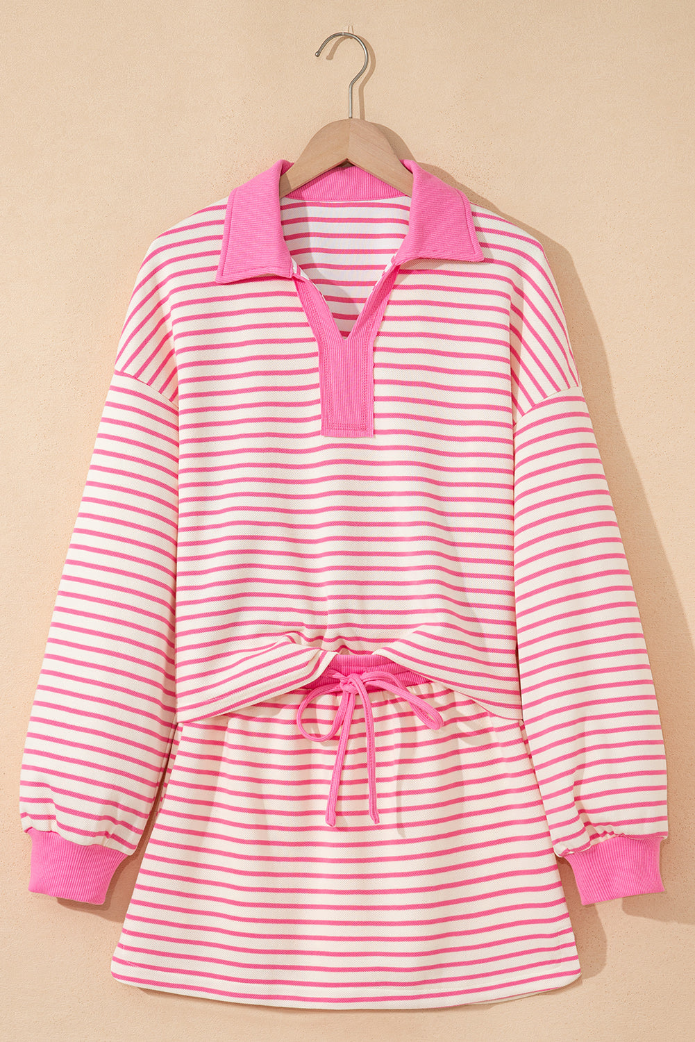 Stripe Collared V-Neck Drop Shoulder Pullover and Skort 2pcs Co-ord Dear-Lover Dropshipping