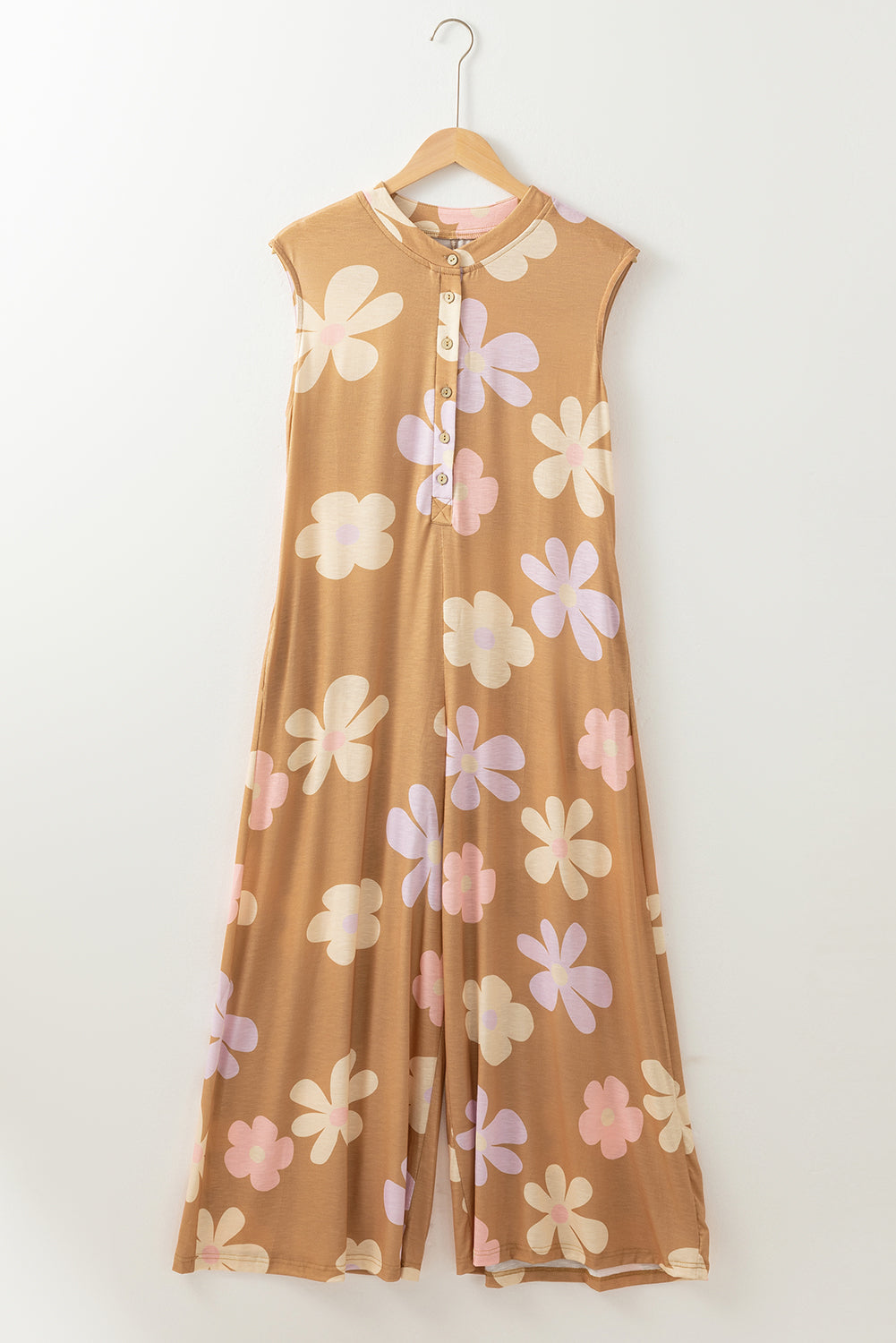 Khaki Floral Print Sleeveless Button up Wide Leg Loose Jumpsuit eAura