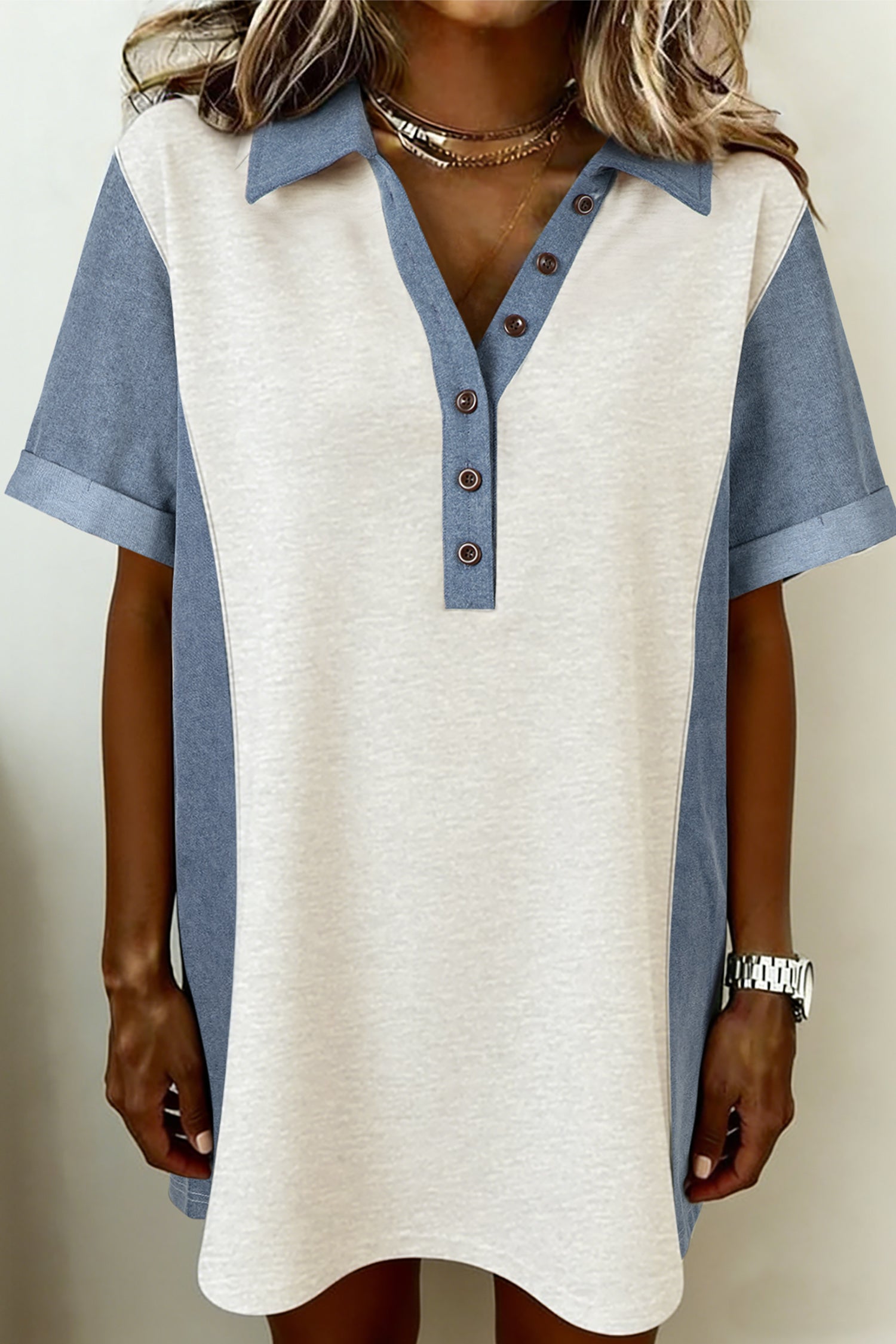 Colour Block Patchwork Button Polo Collar T-Shirt Tunic Dress