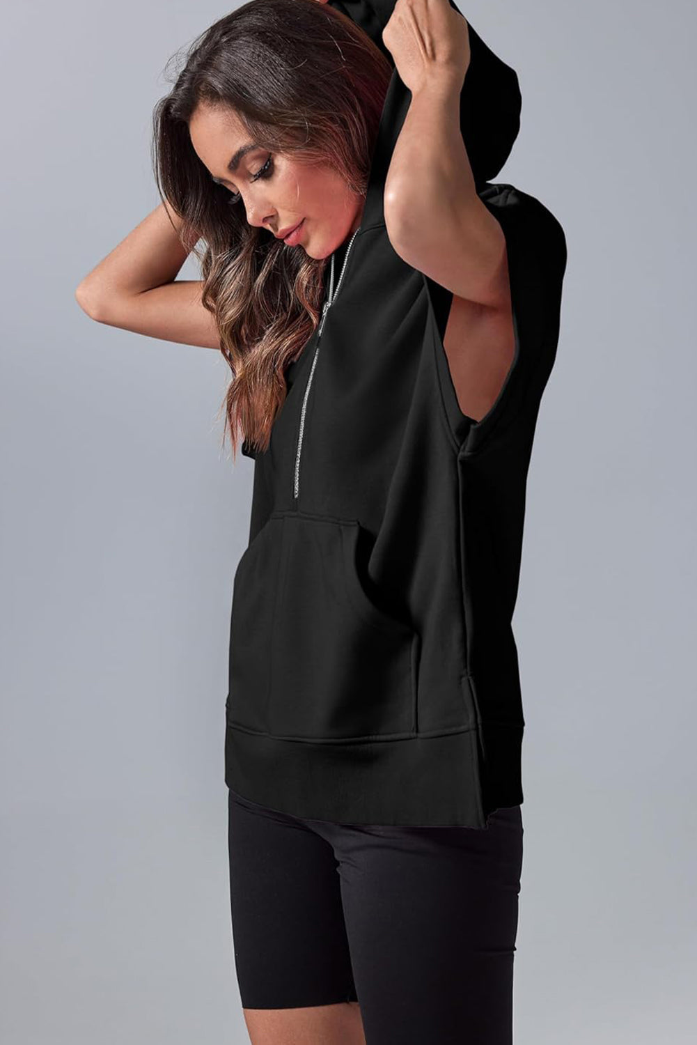 Black Half Zipper Kangaroo Pocket Short Sleeve Hoodie eAura