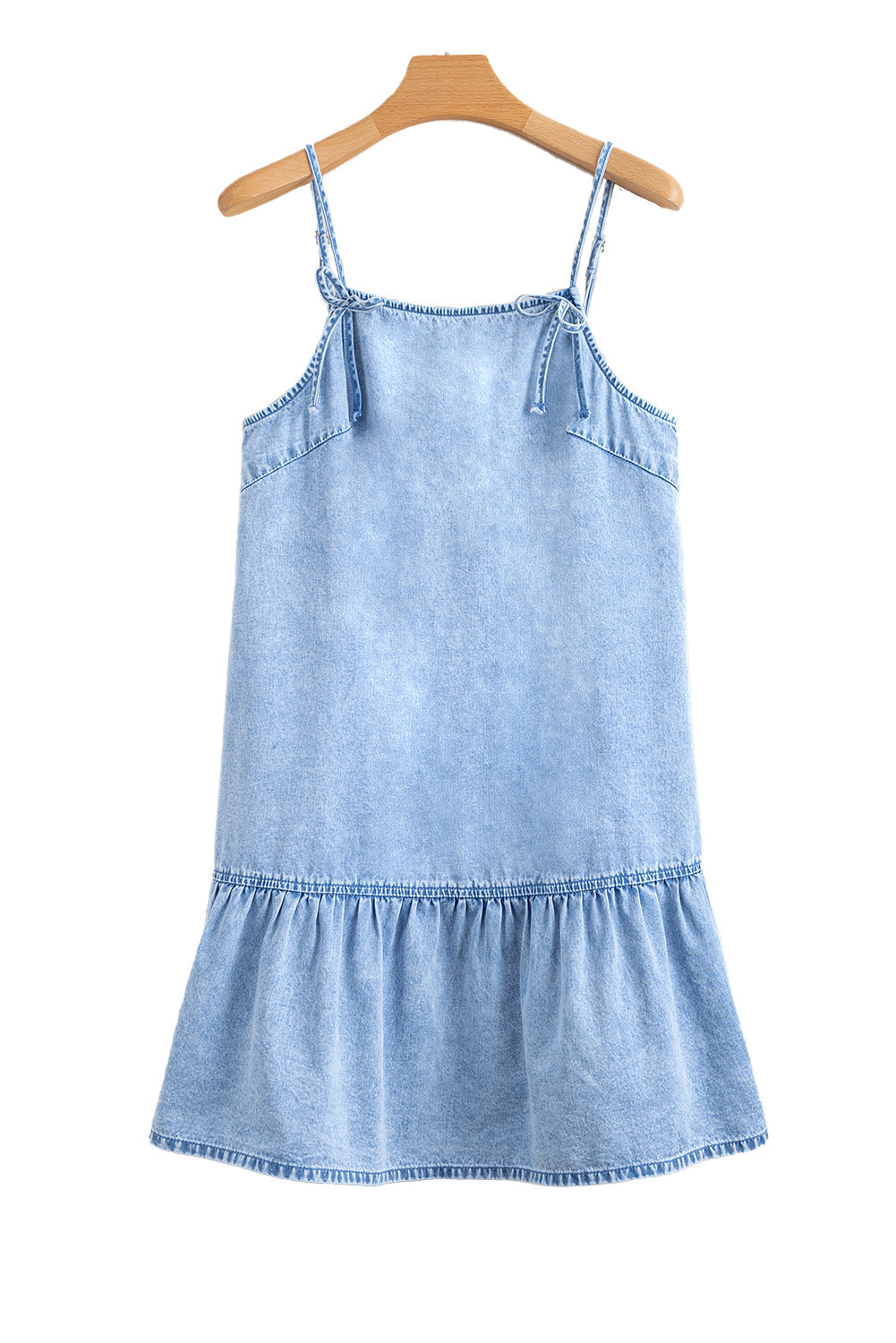 Beau Blue Bow Detail Spaghetti Straps Ruffle Hem Denim Short Dress eAura