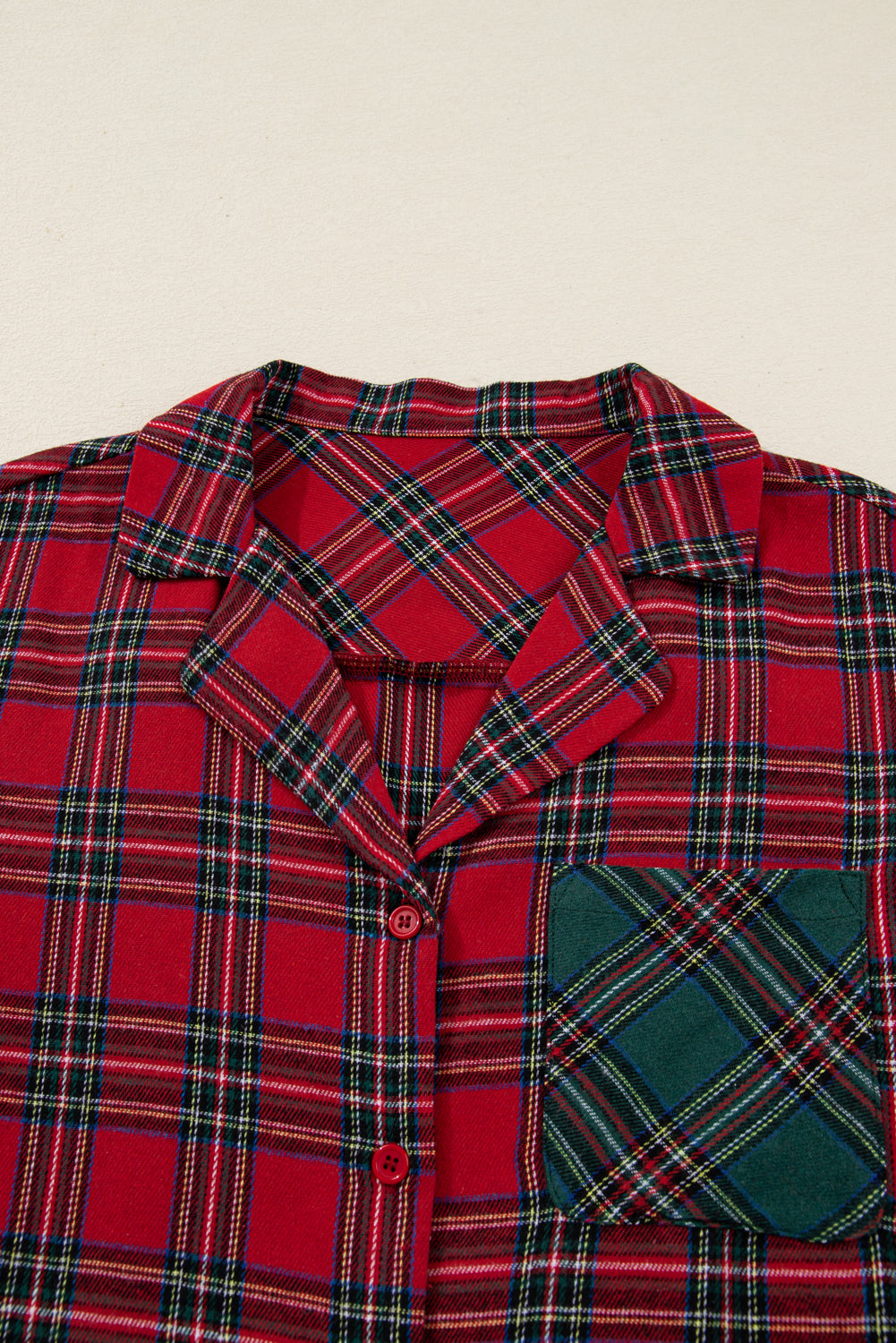 Red Plaid Contrast Christmas Holiday Long Sleeve Shirt and Short Pyjamas - eAura
