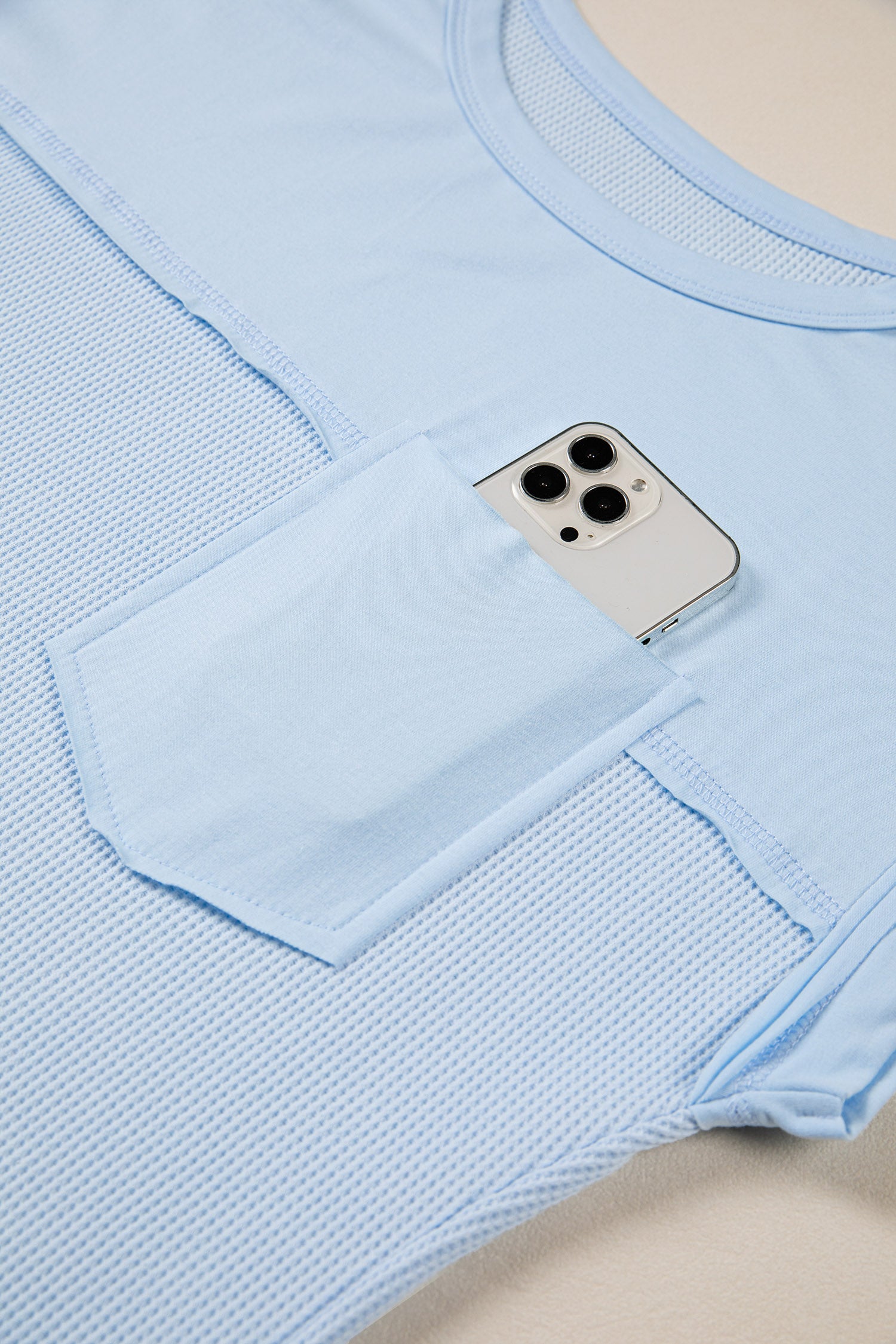 Raw Seam Waffle Knit Patchwork Casual T-Shirt