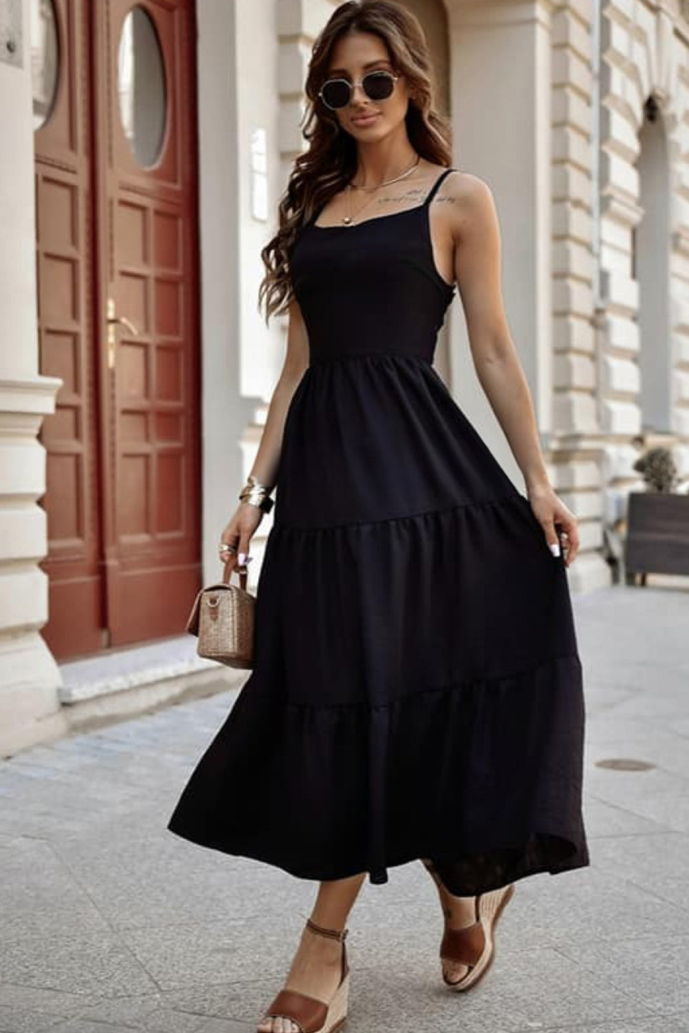 Black Crossover Backless Bodice Tiered Maxi Dress eAura