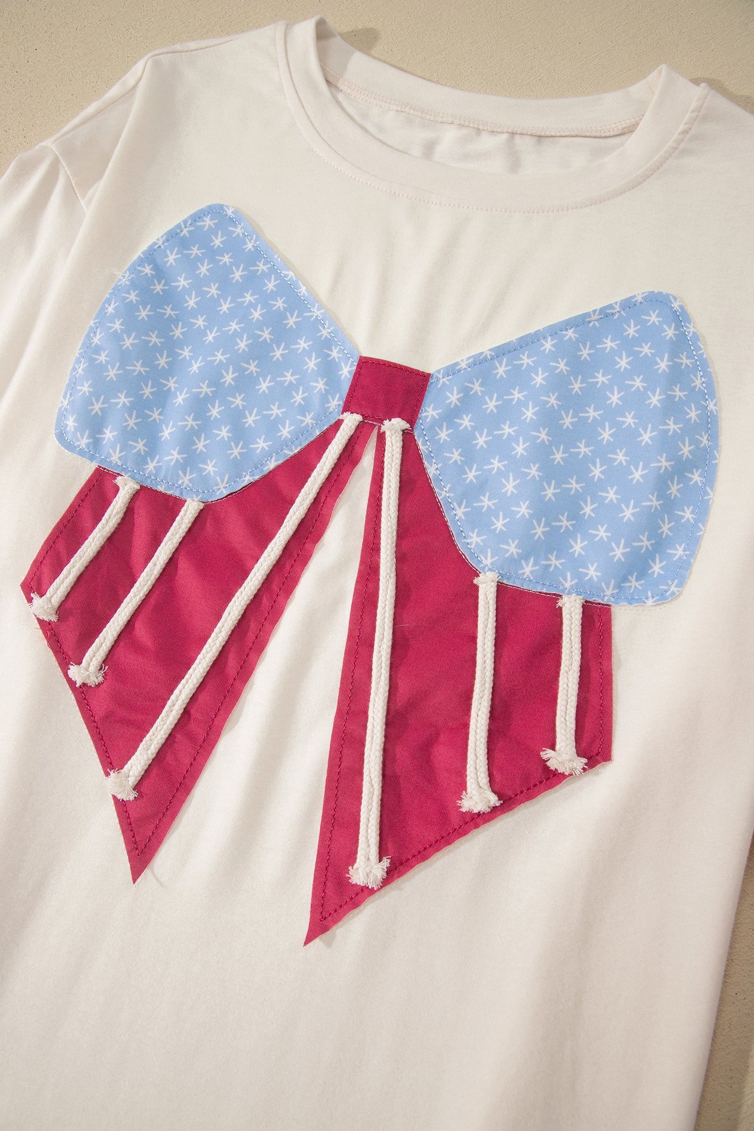 White Loose Knit Vintage Flag Bow Patched T-Shirt