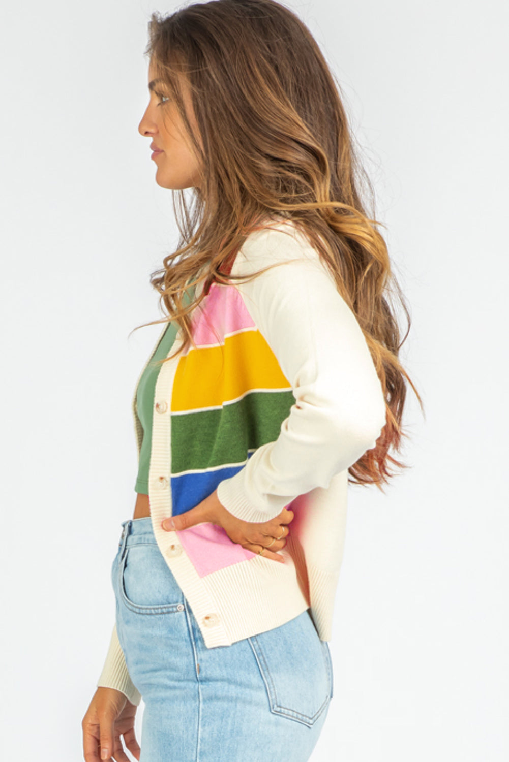 White Stripe Colourful Pattern Button Front Sweater Cardigan eAura