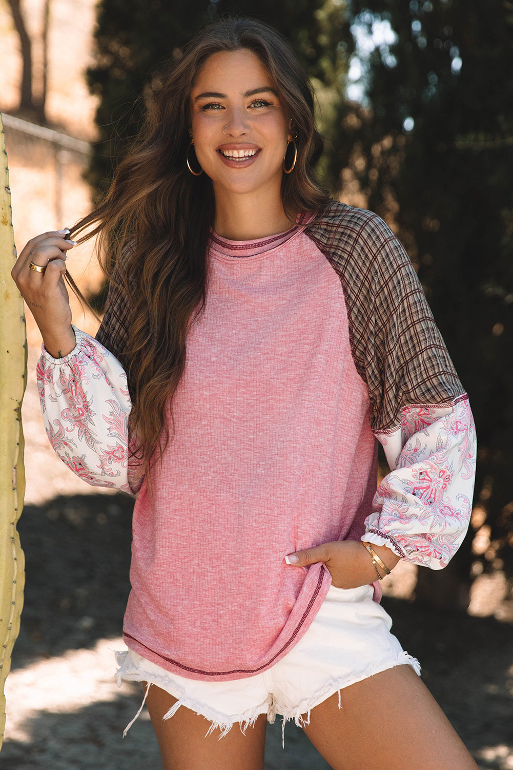 Fushia Mixed Print Patchwork Raglan Ribbed Knit Top eAura
