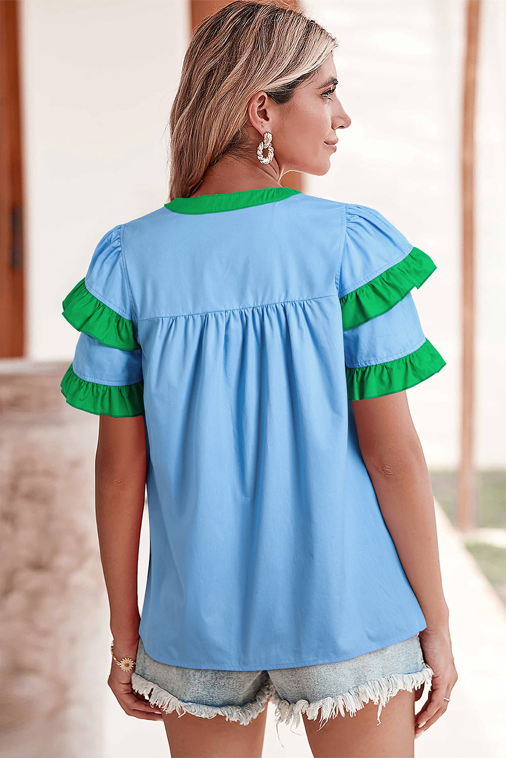 Blue Contrast Notched Neck Frill Detail Short Sleeve Blouse eAura