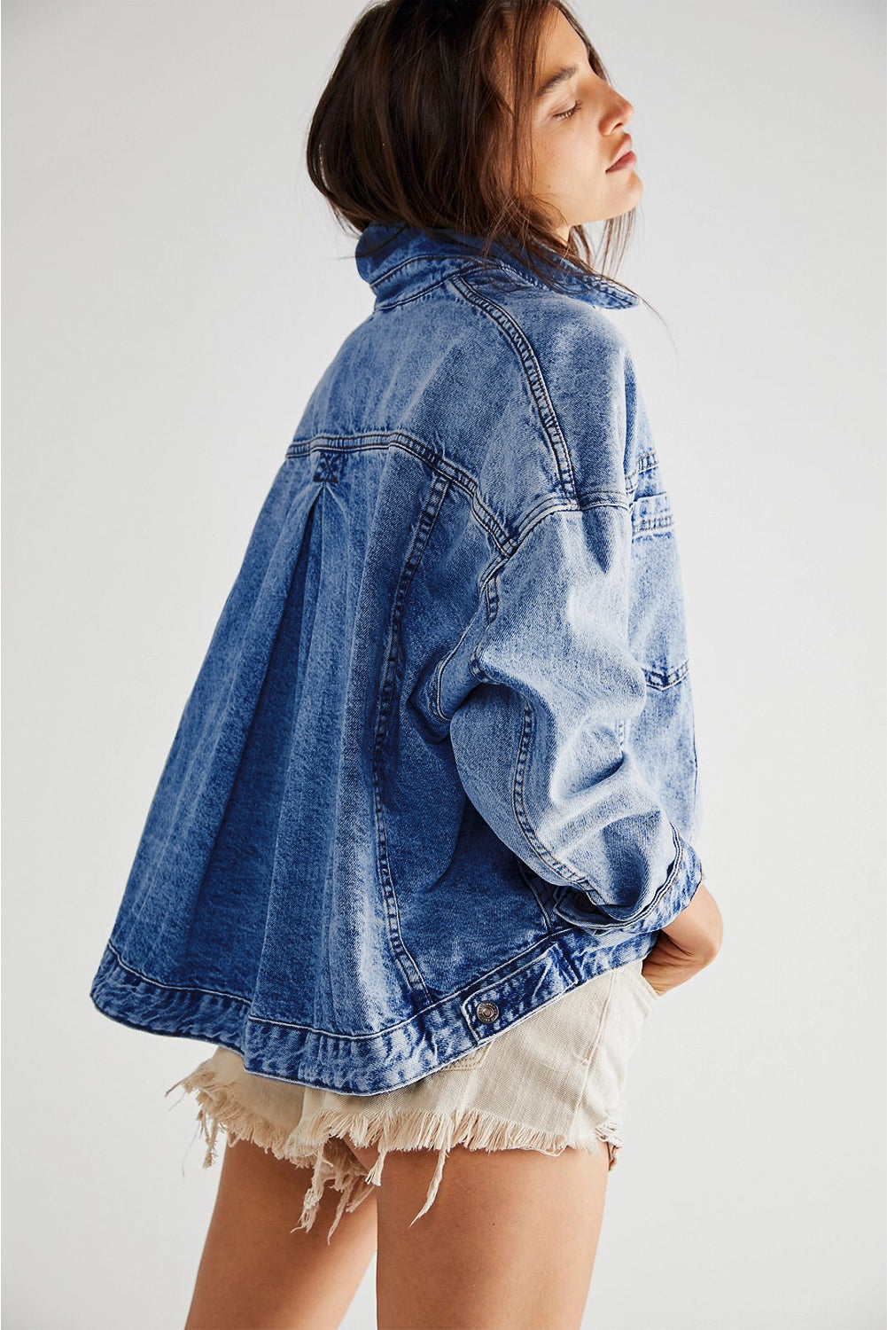 Dark Blue Washed Oversize Pocketed Denim Jacket Beagle Boutique Fashion Outlet