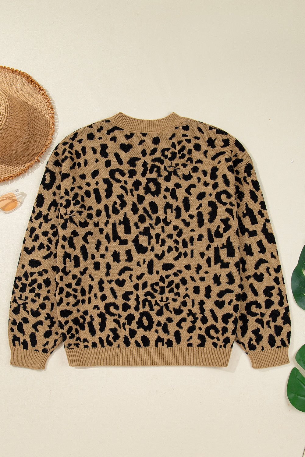 Beige Ribbed Trim Round Neck Leopard Drop Shoulder Sweater - eAura