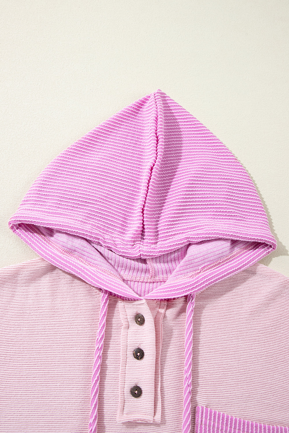 Light Pink Ribbed Colourblock Patch Pocket Drawstring Hooded Top eAura
