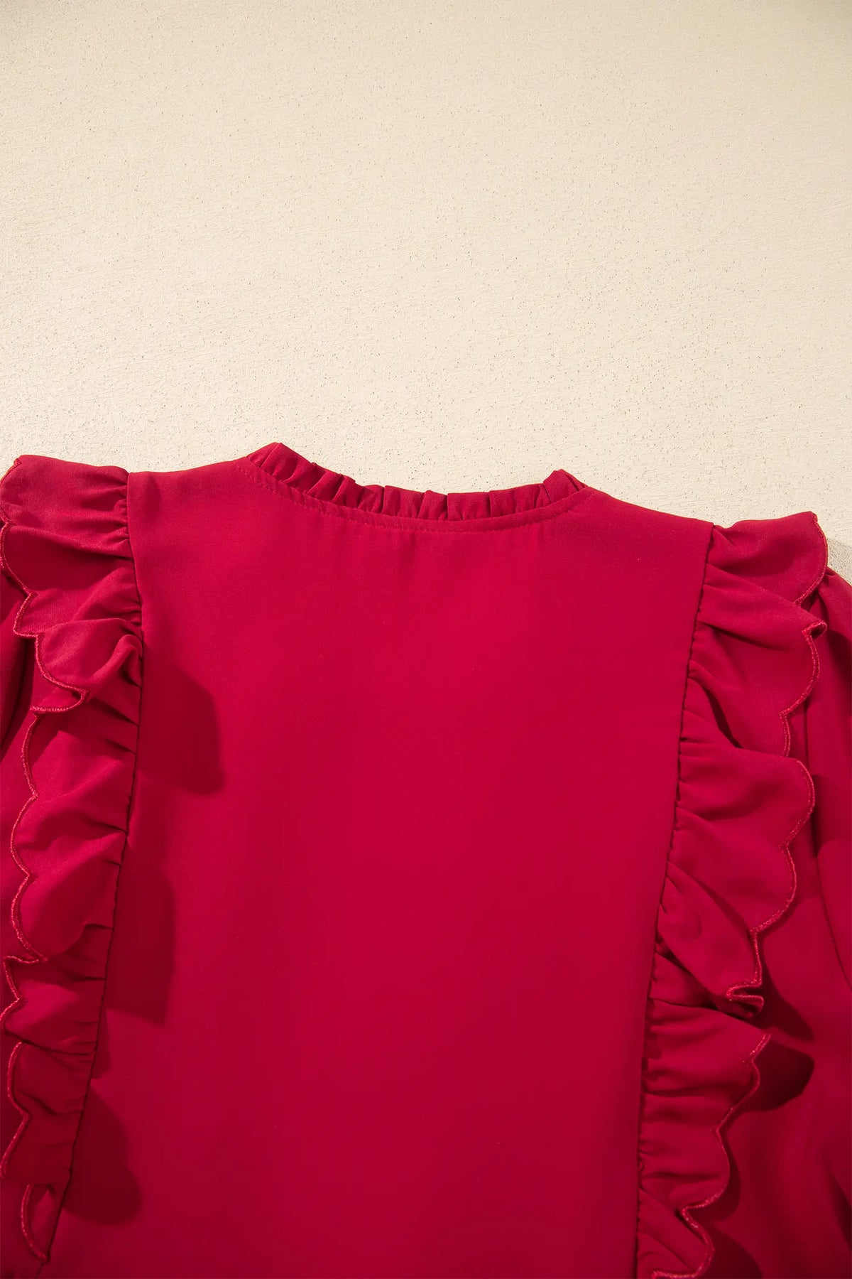Solid Colour Ruffle Trim Long Sleeve Tiered Shift Midi Dress – Racing Red