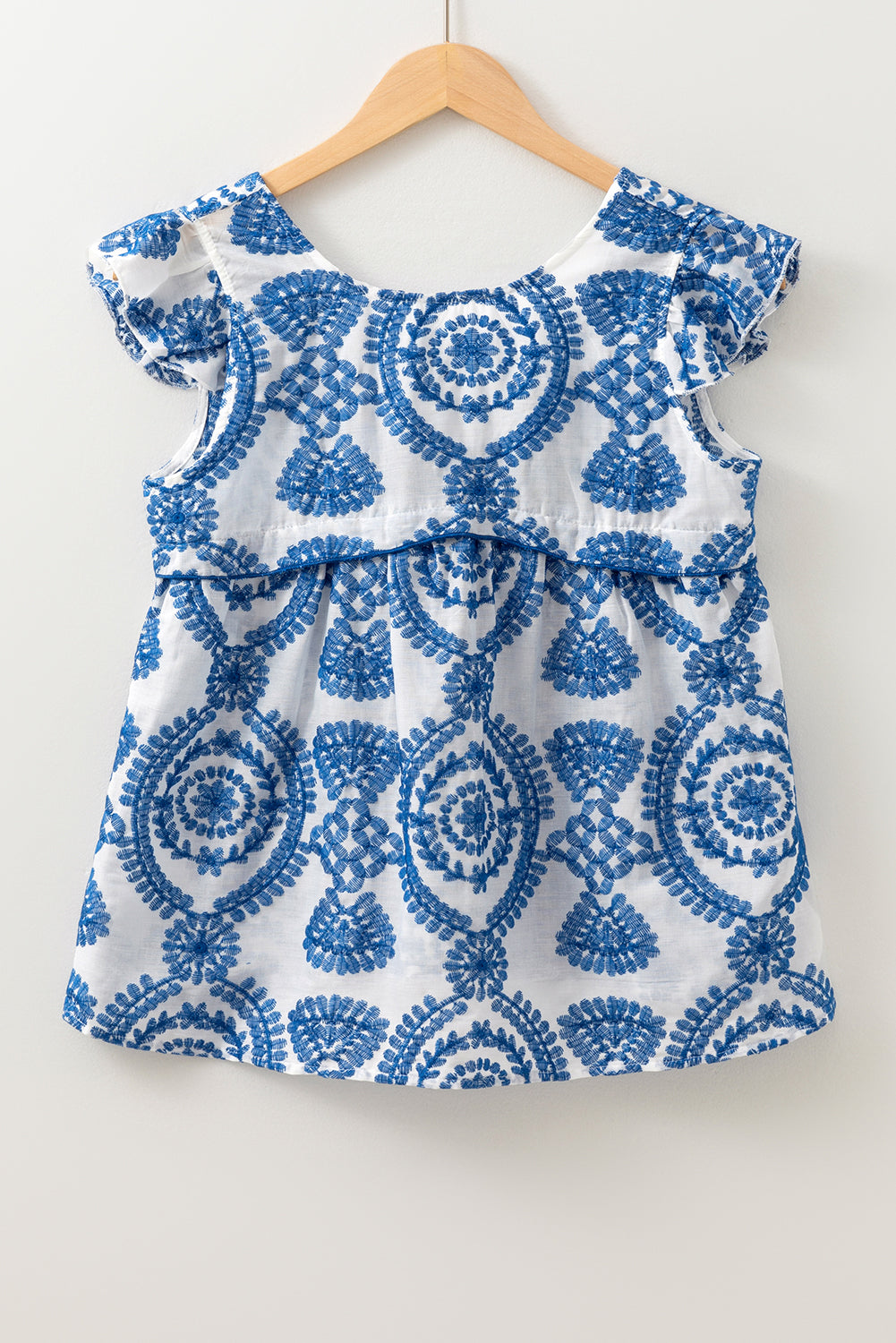 Blue Boho Print Flutter Sleeve Crew Neck Blouse eAura