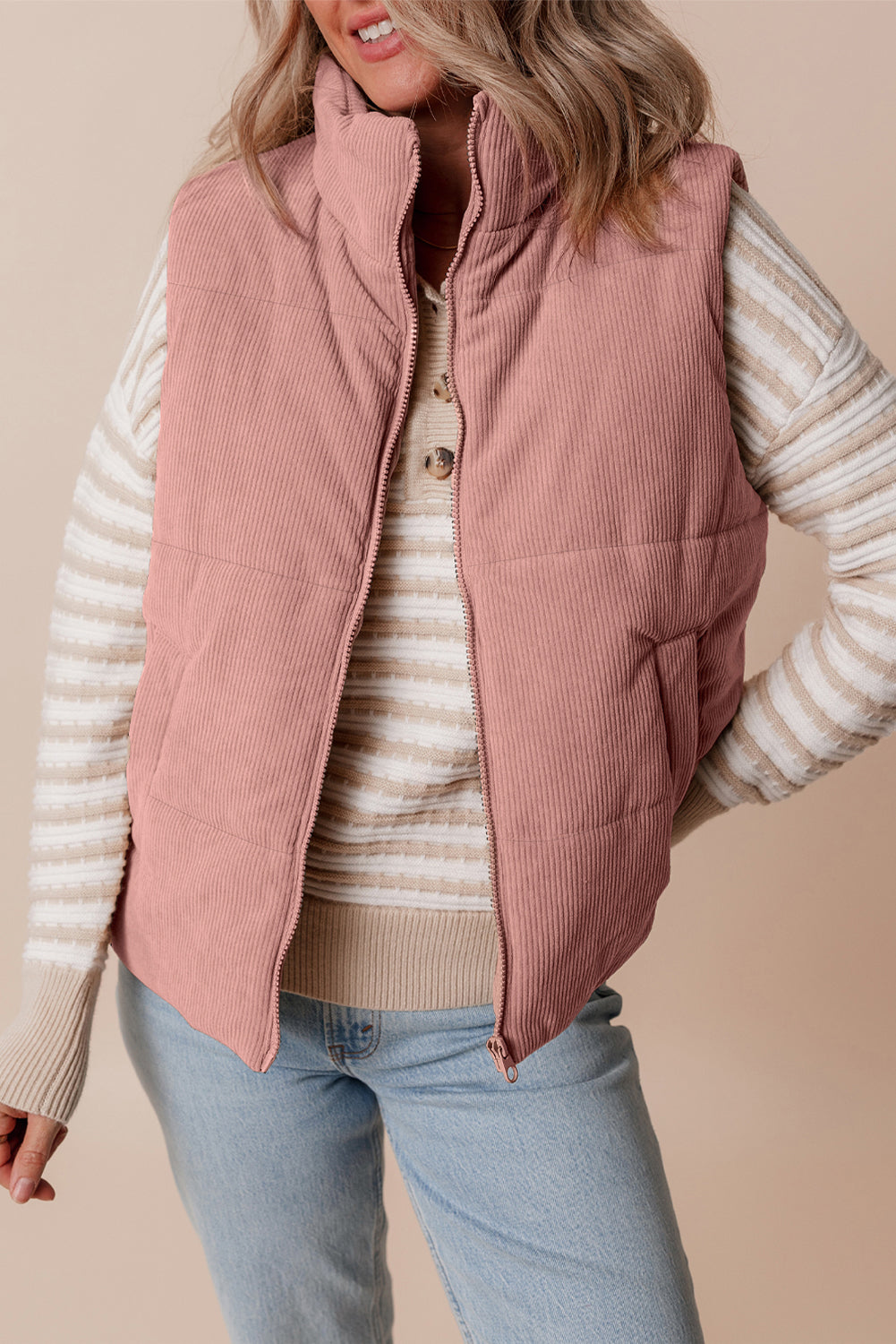 Pink Cord Stand Neck Zipped Puffer Gilet Dear-Lover Dropshipping